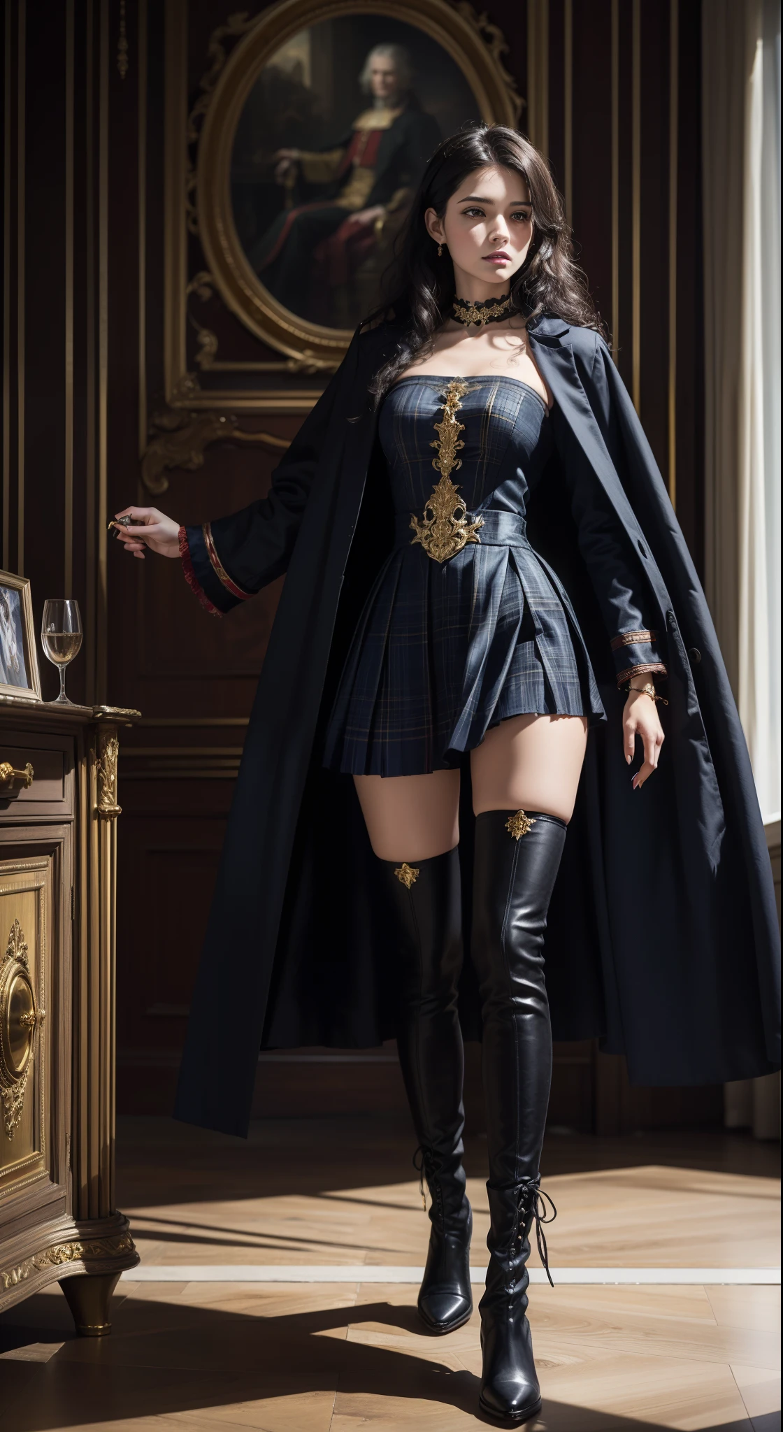 ((photorealism, high quality, detail, masterpiece, best quality:1.2)), (whole body) A young aristocrat girl from a fictional European medieval aristocracy, a student of the Academy of Magic, looks at us with seductive eyes ... ((she stands half-turned, holding her skirt with her hands)), dressed in a student uniform, (dark blue) short jacket made of fabric (((gold trim, patch on the sleeve))), (((red))) pleated plaid dress ((dress below the knees)), (black high boots), (black) (thick) long curly hair. large windows, heavy long curtains made of fabric (velvet), Magical atmosphere, Academy of Magic, fantasy art, this work is done in very realistic colors.She is characterized by artistic expressiveness.