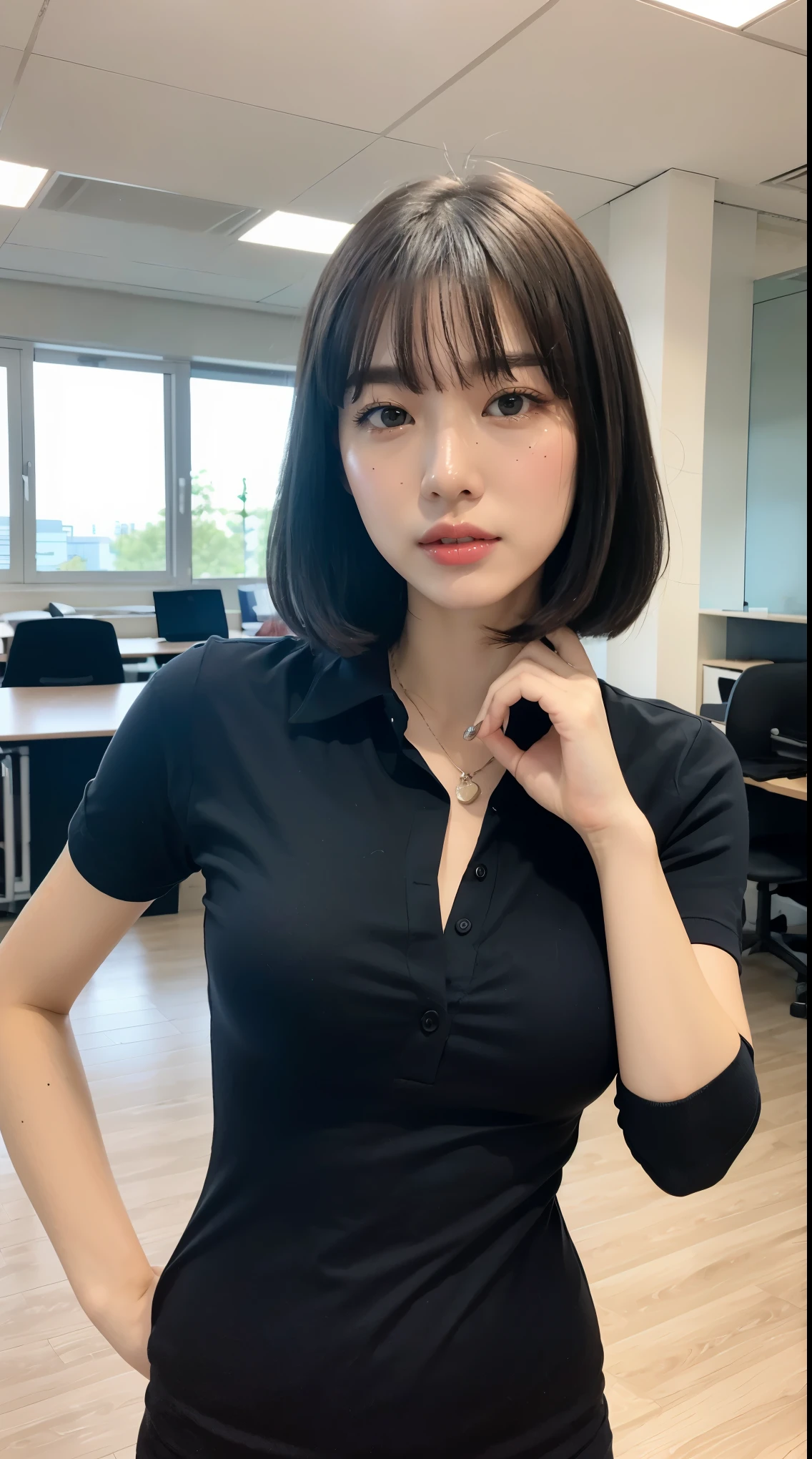 (table top,high quality:1.3),(written boundary depth:1.3) ,((Front body:1.35)), Japanese ,woman, bowl cut, (womanのビジネスブラックスーツブラックミディスカート ,white collared shirt:1.2),huge breasts,(looking at the viewer:1.3),(whole body:1.2),( put your hands on your hips:1.2),By the window in the office