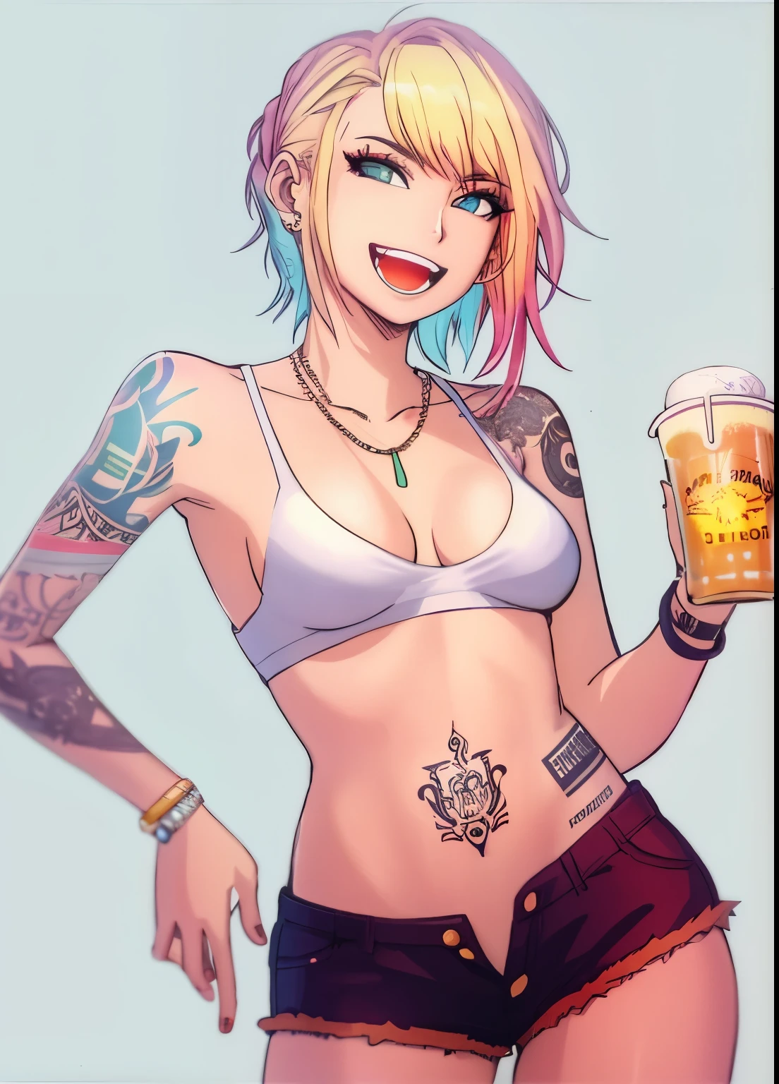 (1girl),in Garden, sitting in table, Holding Beer in her Hand,  White Hair,(whole body:1.0), Long Hair, Pony tail, (NSFW), (yellow eye color:1.0), (wearing Mirco Shorts :1.0), (naked breasts:1.0), (Freckles:1.1),(grinning drunken face), Sunset, touching herself