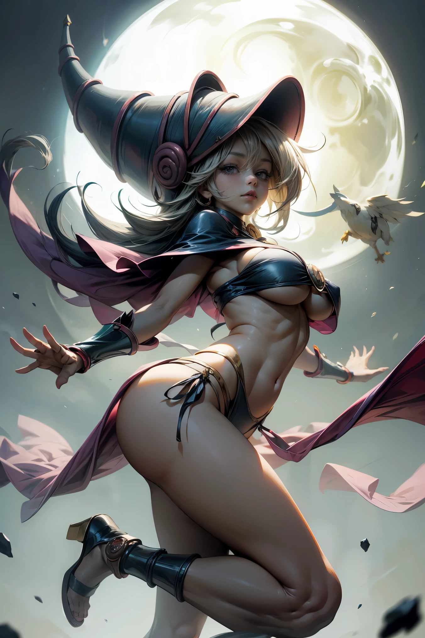 (Obra maestra:1.2), (La mejor calidad:1.2), perfect lighting, Chica Maga Oscura lanzando un hechizo, flotando en el aire, tetas grandes, escote, fondo de magia. Corazones transparente en el hambiente, bata azul, sombrero grande, desde arriba, Destellos, Yugioh Card en el fondo. En tacones y en bikini