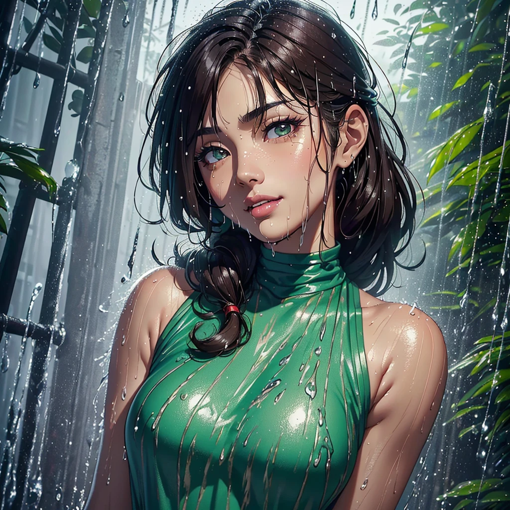 (Best quality, 4K, tmasterpiece :1.Beutiful asian women, 1 Sister, (, attractive body :1.2), Abs :1.1, dark brown hair: 1.1, ponny hair, (rainy wet, wet from rain, Soaked :1.2), The face very detailed, detailed lips, detailed eyes, double eyelid, green eyes, smile. red cloting