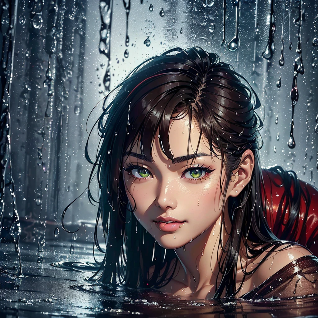 (Best quality, 4K, tmasterpiece :1.Beutiful asian women, 1 Sister, (, attractive body :1.2), Abs :1.1, dark brown hair: 1.1, ponny hair, (rainy wet, wet from rain, Soaked :1.2), The face very detailed, detailed lips, detailed eyes, double eyelid, green eyes, smile. red cloting