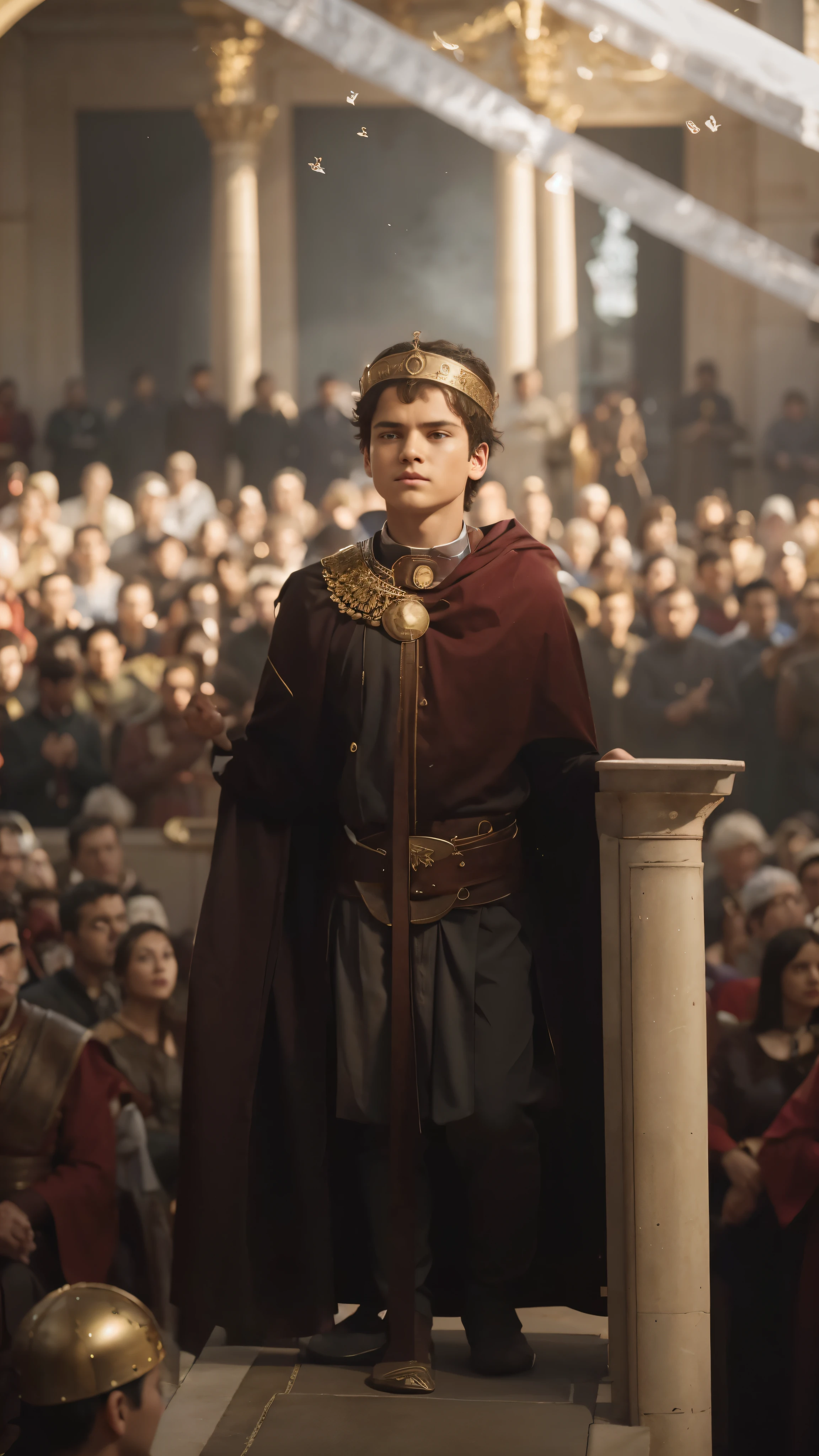 a man dressed as a king in front of a crowd, rapaz jovem, TV series still image, Modern Roman Empire, sem texto, tem cabelo preto curto, Tyrell Wellick, Morgana, assistindo, imagens do tribunal, asterisco, jovem bonito, filhote, guard, CEO, vermelho, Um menino