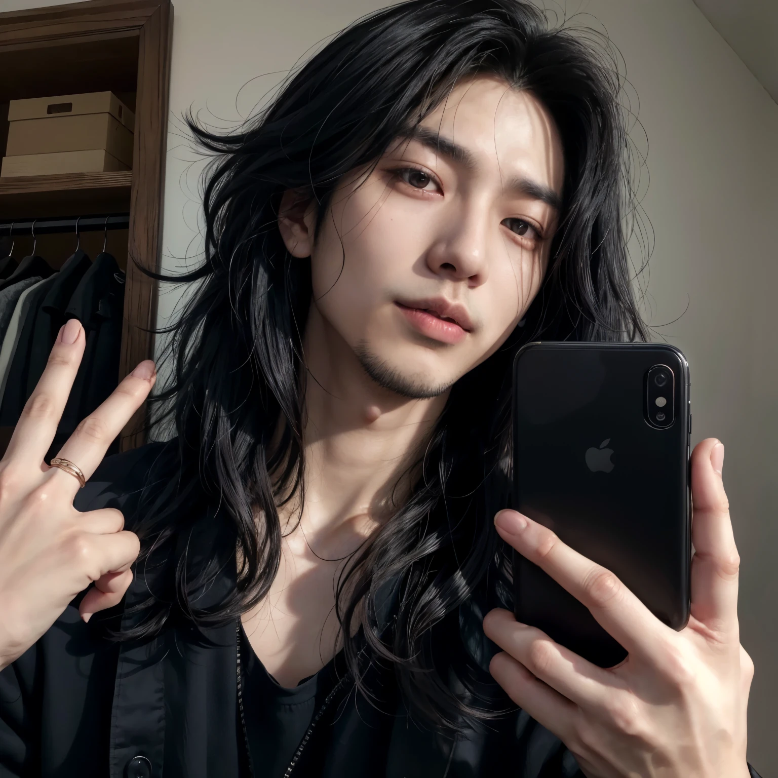 asian man with long black hair holding up a cell phone, male ulzzang, shoulder-length black hair, handsome japanese boy, with his long black hair, Jeon Jungkook with black hair, Jungkook, ulzzang, south korean male, inspired by Jeon Jungkook, with long black hair, with long dark hair