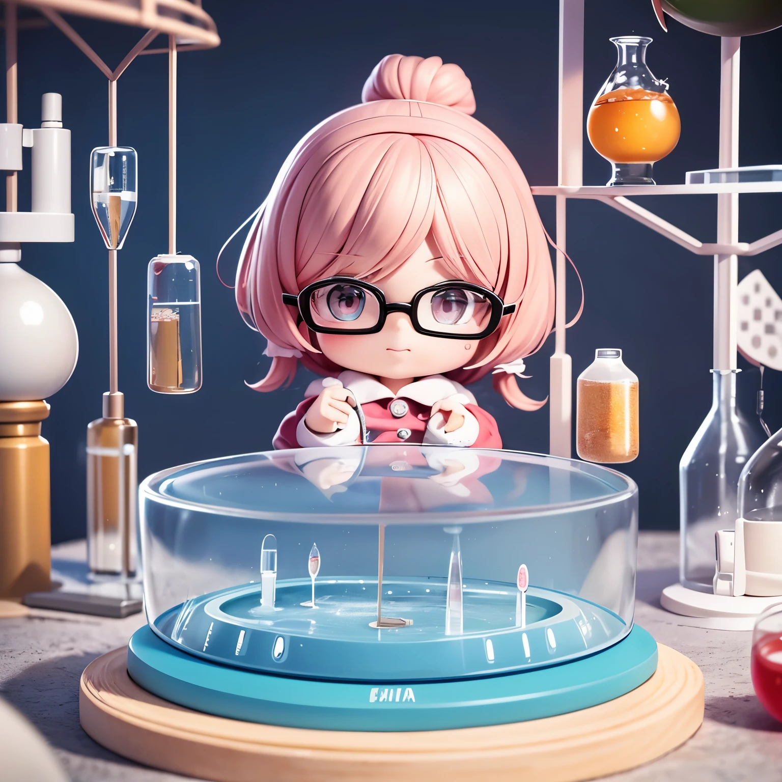 Cute  Chibi Anime, Create a series of cute chibi dolls, Ela tem (cabelos curtos e pretos), loves realistic details of science, usa ROUND NERD glasses, "dressed in pink coat and beautiful fashionable Nike style sneakers( rosa azul e branco)", chibi fez uma descoberta e EUREKA, da melhor qualidade,ultra-detalhado,Realista,Science Laboratory,Chemical experiment,Ultra HD, chemical equipment,cientistas trabalhando,copos,bico de Bunsen 8K,microscope,laboratory glassware,measuring cylinders,jalecos,ROUND NERD glasses ,science books,Periodic table,scientific research,descobertas,new inventions,innovation,aprendizado,education,Scientific culture wears coat with details of pink buttons and brooches, rosa, her coat is charming and cute with ultra chemical details ,Curiosidade,Technological advancements,cores vibrantes,soft lighting,modern laboratory,atmosfera nerd,laboratory instruments,hypothesis testing,Scientific method,symbolic representation,Critical thinking,experimentos ,precision,precision,detalhes intrincados,impressive scientific setup,elementos naturais,exploration of the mysteries of science,desvendando os segredos da natureza. Babybi is happy and excited, remember to use chemical laboratory glassware, The chalk board behind the cute chibi baby is written the structure of caffeine in 3D white chalk