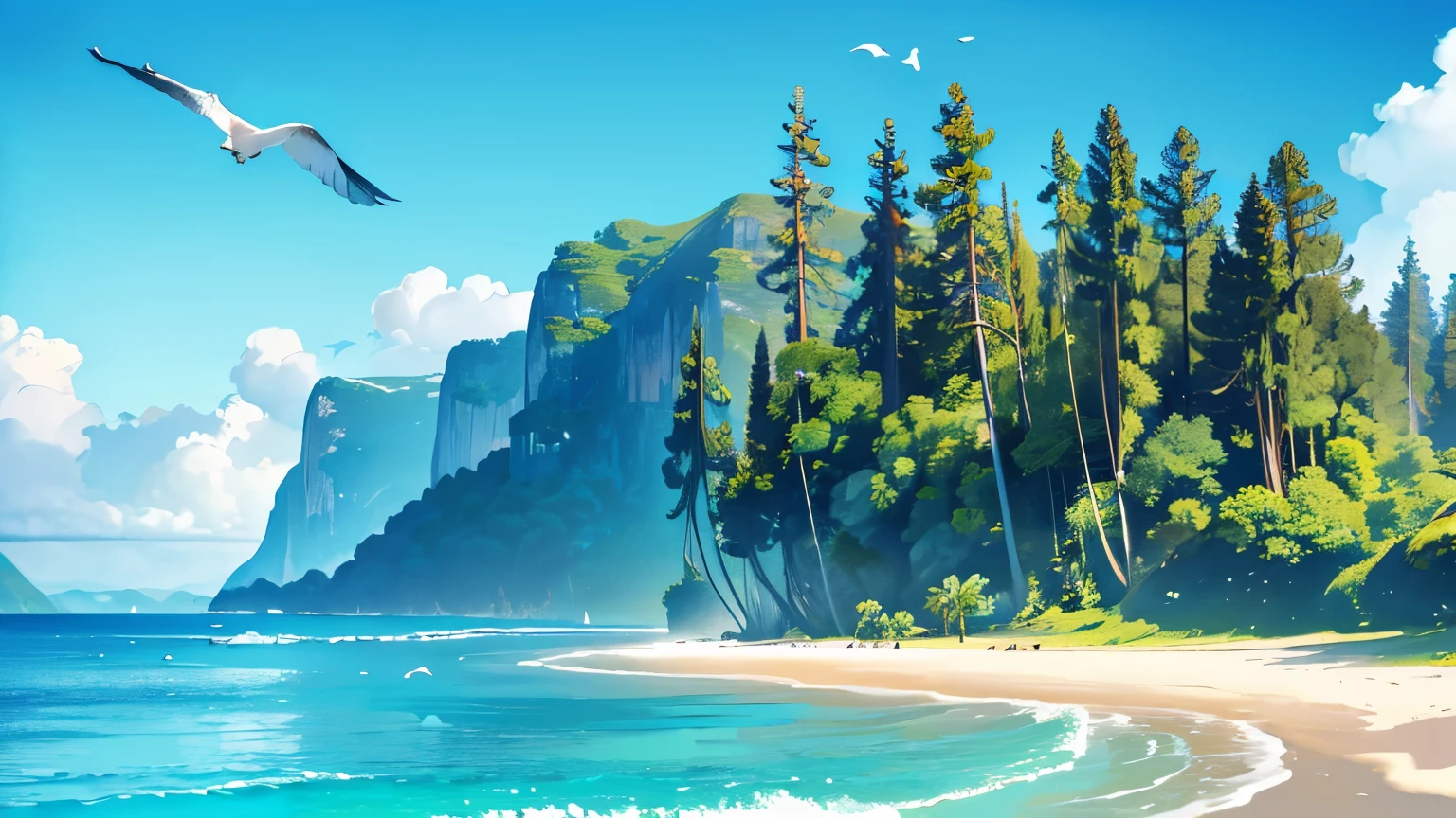 (best quality,4k,8k,highres,masterpiece:1.2),ultra-detailed,(realistic,photorealistic,photo-realistic:1.37),blue-sky,baiyun,Birds in the distance,the sea,Expansive picture,Faraway view,landscape,ocean waves,peaceful,tranquil,fresh air,serene atmosphere,soft sunlight,subtle breeze,sandy beach,seagulls flying,scenic beauty,endless horizon,vibrant colors,sky reflection on the sea surface,lush greenery,trees swaying,palm tree, tree trunk,mountains in the background,splendid beauty of nature,harmony between land and sea,relaxing environment, only background, only scenery,