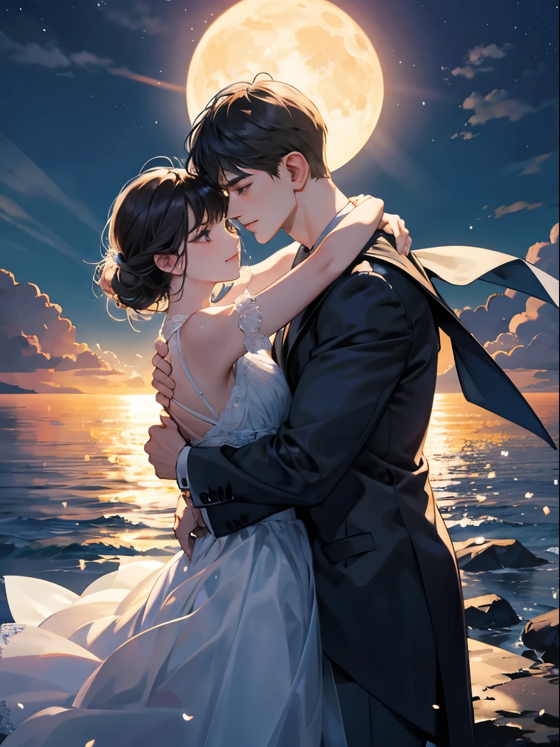 night,Rays of moonlight,couple,hug