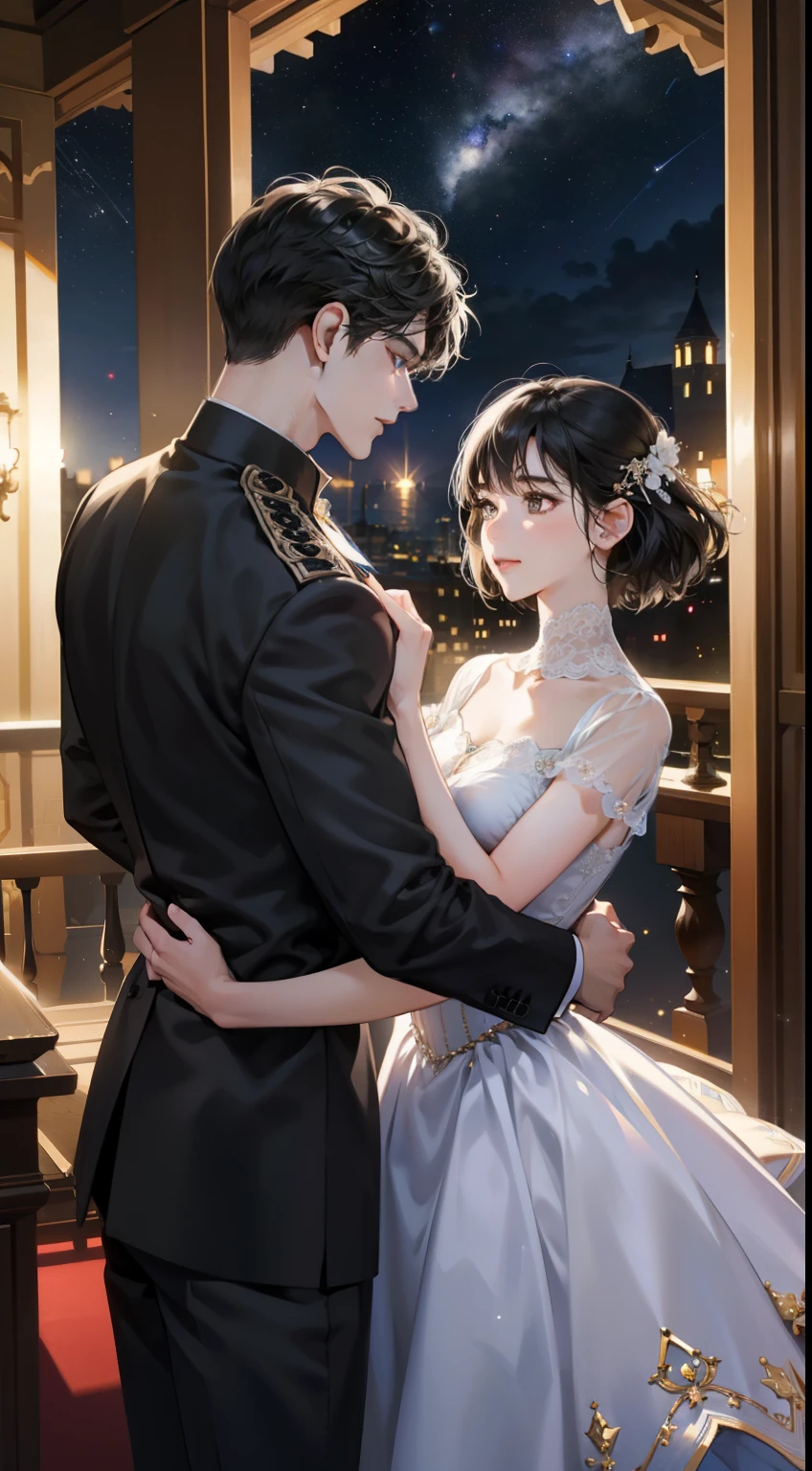 Romantic couples look at each other, The man picks the woman up, a mature man with black hair,Girl with short black hair with tassels (Soft smile, Shy),Different heighten are taller)), glowing stars,Glow effects, the night,In the banquet hall,The face is clear and accurate,detail in face,super-fine,Castle,16K resolution,High quality, High picture detail,dynamic viewing angle,Epic shooting,oc rendered, Dance Floor, Detailed light, detailed shadow