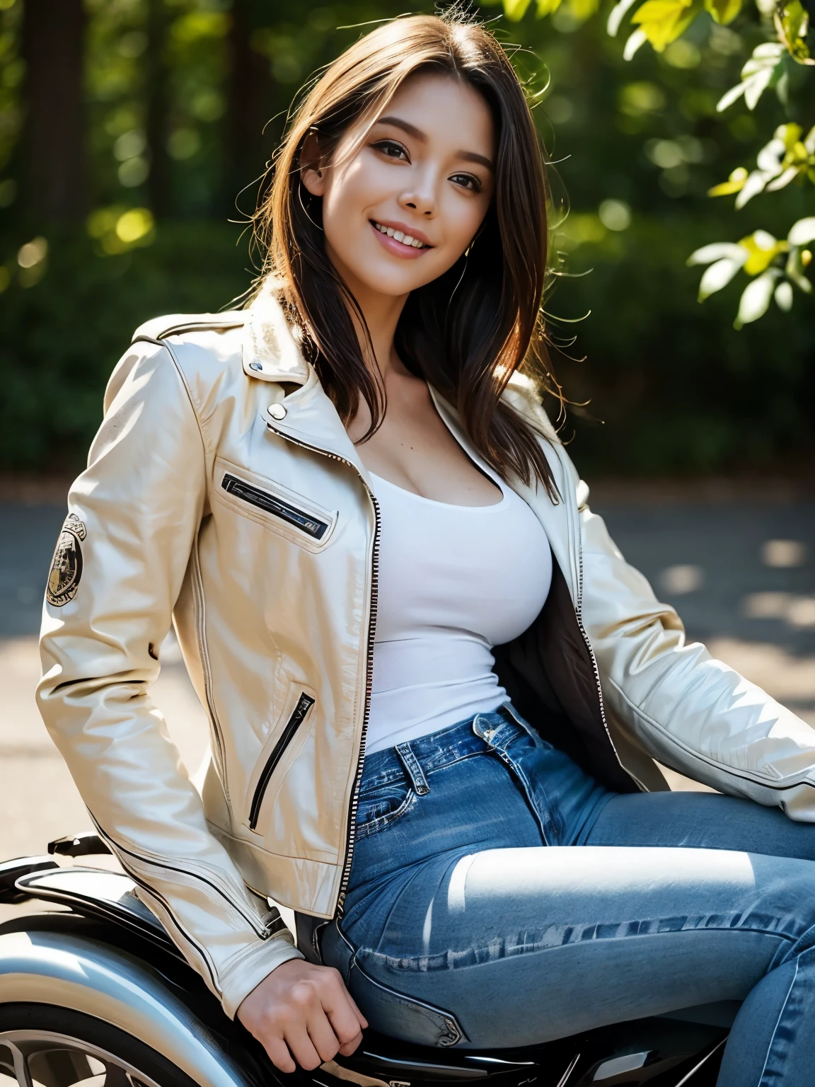 (realistic:1.5), 8k, Super delicate beauty, (a sunny day:1.5), Complex motorcycle details (highest quality: 1.0), (Super high sharpness: 1.0),（Beautiful and delicate depiction of eyes）,(((beautiful woman riding a motorcycle))),unreal engine:1.4,photorealistic:1.4, skin texture:1.4, masterpiece:1.8, smile、long legs、((smile))、((full body shot))、((jacket with boa、jeans))、short hair、((30 year old beauty))