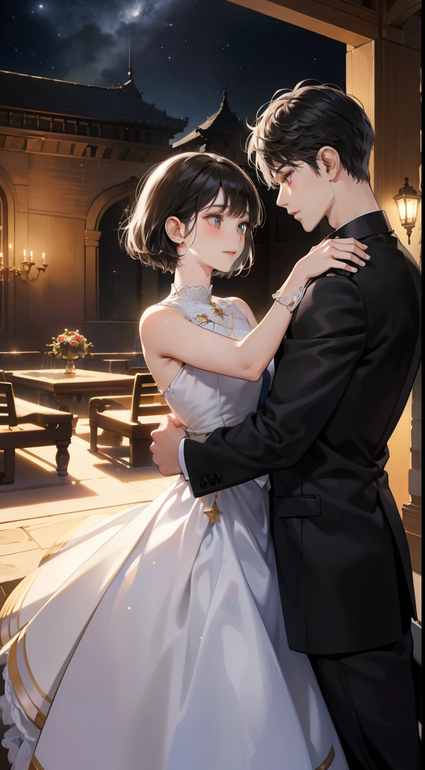 romantic couple look at each other, the man pick the woman up, black-haired mature man,Girl with black short hair with fringe (soft smile, shy),different height ((the man is taller)), glowing stars,Glow effects, the night,in the ball room,The face is clear and accurate,detail in face,super-fine,castle,16K resolution,high quality, High picture detail,dynamic viewing angle,Epic shooting,oc rendered, dancing floor, detailed light, detailed shadow