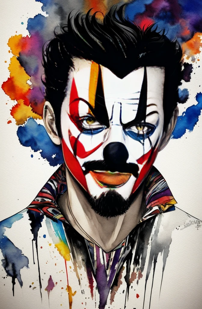 painting of a clown with a black and white face, Sylvia Pelissero watercolors, tumbler, abstract art, Intense watercolor painting, watercolor detailed art, Watercolor Splash, surreal, Avant-garde pop art, Beautiful and expressive paintings, Beautiful artwork illustration, very colorful tones, wonderful, cool beauty, highest quality,official art, clown only, sharp outline, best shot, vector art, Written by Sandra Chevrier, Dave McKean、by Richard Avedon、Written by Makiezi Kusiala
