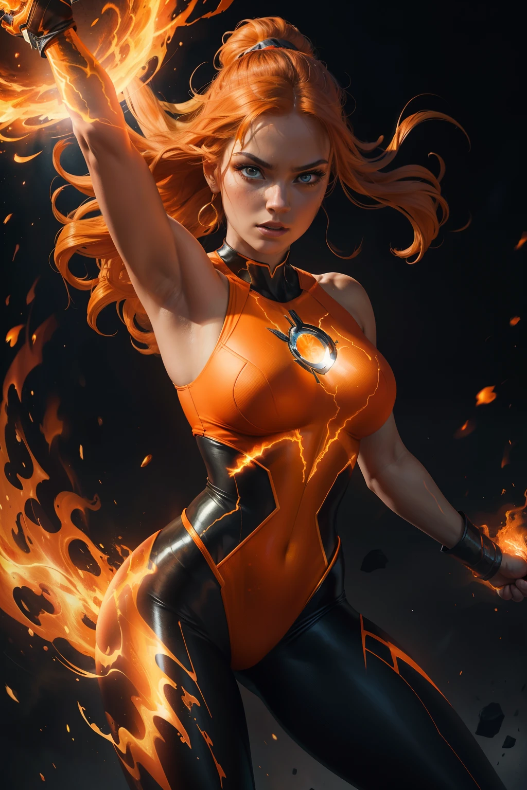 In New York, Time Square, beautiful woman, 25 years old, style, Cheetara is a fearless warrior. Athletic Body: Cheetara has a slim and athletic body, with well-defined curves. She is agile and quick, reflecting her feline nature. Full body with yellow fur with dark spots with hair from a cheetah, a type of large feline. Orange Clothing: She wears a tight-fitting dark orange outfit, which covers most of her body, but leaves her arms and legs uncovered. The costume also includes a short cape. Big Blue Eyes: Cheetara has expressive blue eyes, which often reflect her intelligence and determination. Jewelry and Equipment: She wears a golden tiara on her forehead and golden earrings in her ears. Additionally, she is often seen with a staff that can transform into a nunchaku, which she uses skillfully in combat. Strong and decisive. Her fighting ability is impressive but without a doubt her greatest power lies in her unparalleled speed, superior to any motorized land vehicle. She has a stick as a weapon. Furthermore, she is powerful and was trained by Jaga, in New York, (athletic body: 1.4), (hanging breasts: 1.3), (full breasts: 1.4), (realism: 1.5), (Realisitc: 1.4), (Absurdity: 1.4 ), 8k, ultra-detailed, Detailed Beautiful Woman, (Only one: 1.4), 1girl, (Viewer facing: 1.2),