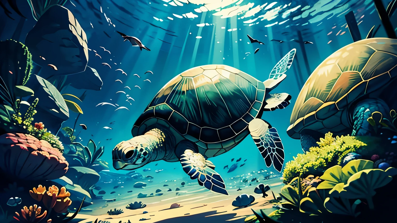 A turtle,Turtle,Under water, hyper HD, Masterpiece, High quality