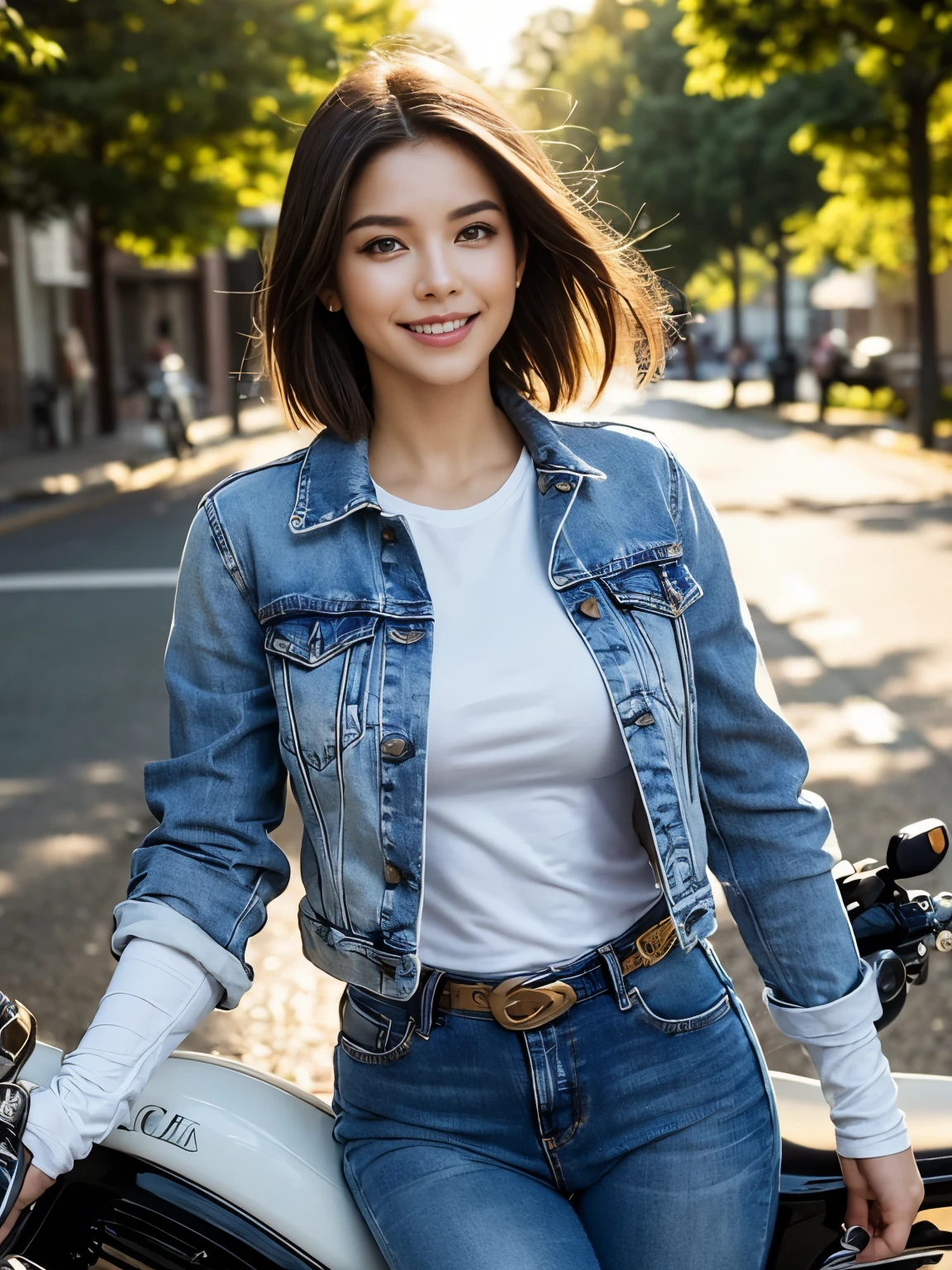 (realistic:1.5), 8k, Super delicate beauty, (a sunny day:1.5), Complex motorcycle details (highest quality: 1.0), (Super high sharpness: 1.0),（Beautiful and delicate depiction of eyes）,(((beautiful woman riding a motorcycle))),unreal engine:1.4,photorealistic:1.4, skin texture:1.4, masterpiece:1.8, smile、long legs、((smile))、((full body shot))、((jacket with boa、jeans))、short hair、((30 year old beauty))