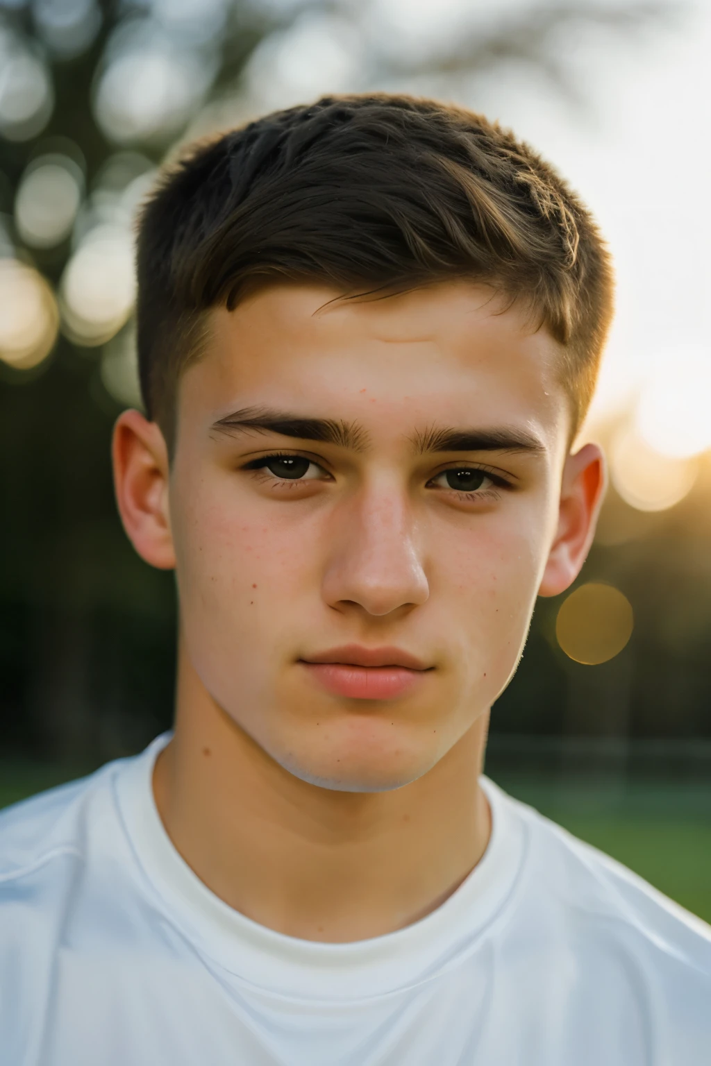 Photo образа жизни, Photo , white teenager in his twenties, athlete, short haircut ,anticipate facial expression, face close up, confident facial expression,in soft lighting, athlete, high angle, shot on Fujicolor Pro
