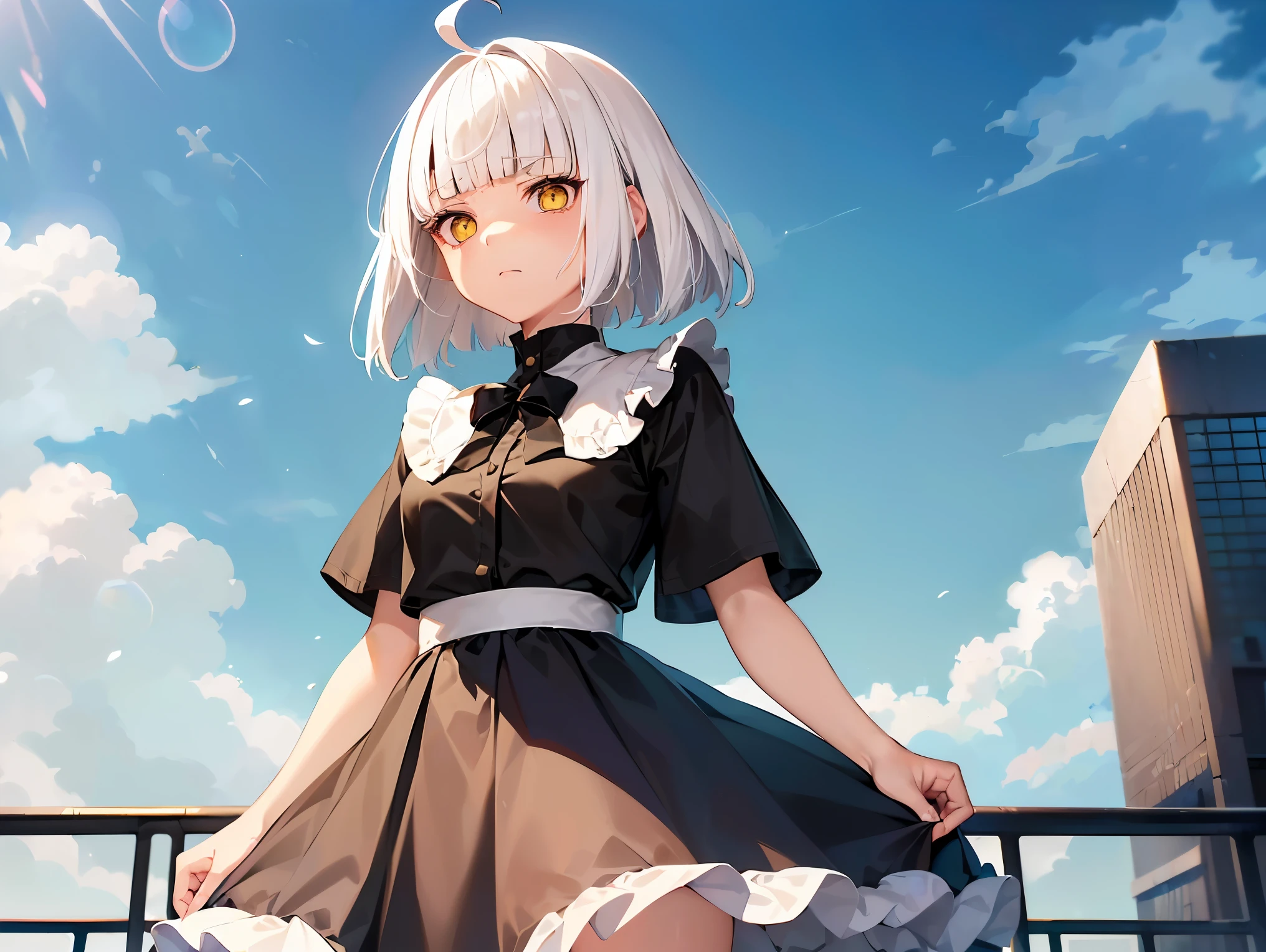 Cimematic vision, nigth, ((1girl)), (lolita), ((((short white hair)))), (((blunt bangs))), yellow eyes, ((cabelo emaranhado)), Sonolenta, ((ahoge)), (((anime teenager casual outfit))), desleixada, ((melhor qualidade)), ((obra de arte)), (detalhado), rosto perfeito, ((style novel)), ((embarrassed expression)), ((trying to hold on to the skirt that the wind lifted))