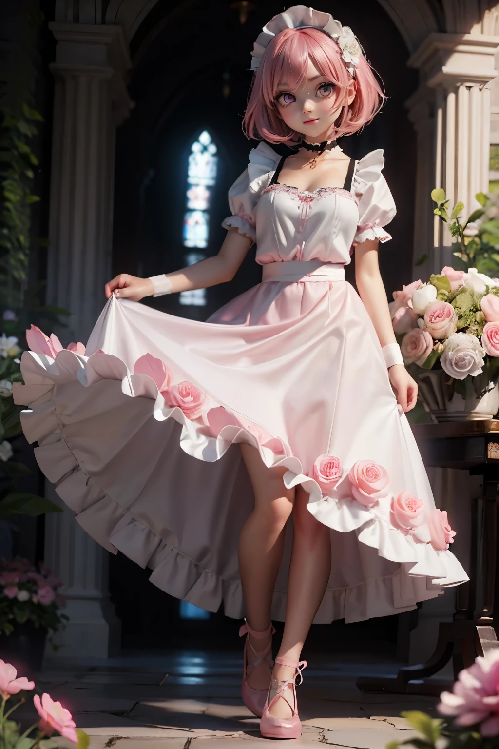 (1 beautiful girl), 20 year old, (glossy pink hair), (disheveled bobcut hair;1.12), (1 light pink flower hair ornament:1.15), (vivid purple eyes:1.1), light smile, (wearing a black and white maid clothes:1.12), (choker with white ruffles), (very long skirt), standing, (black shoes), (full body), (dynamic aerial shot), face focus, (daytime garden of the mansion)