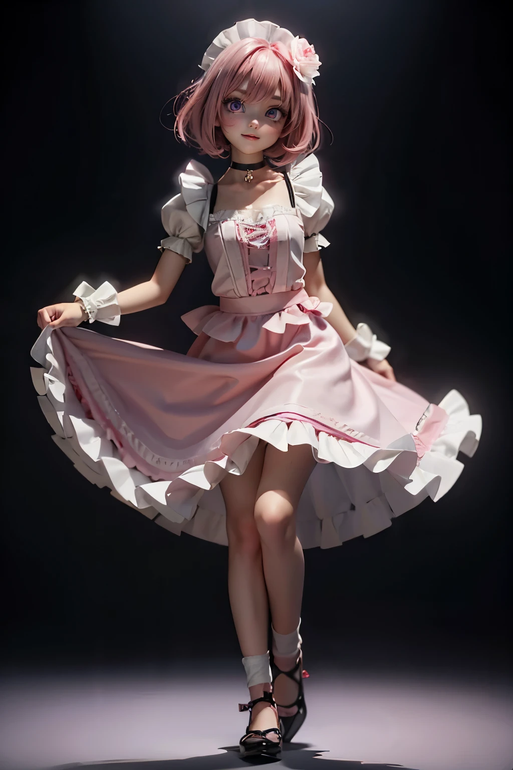 (1 beautiful girl), 20 year old, (glossy pink hair), (disheveled bobcut hair;1.12), (1 light pink flower hair ornament:1.15), (vivid purple eyes:1.1), light smile, (wearing a black and white maid clothes:1.1), (choker with white ruffles), (very long skirt), standing, (black shoes), (full body), (dynamic aerial shot), face focus, (daytime dance hall)