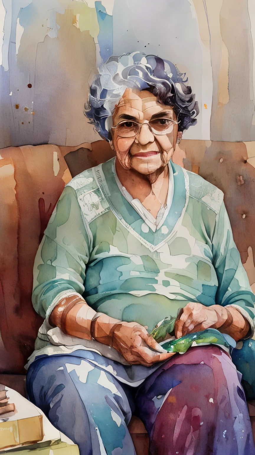 an adorable gray haired hispanic old lady knitting in the couch, livingroom, watercolor style, watercolor painting, masterpiece, master piece, perfect composition, professional strokes