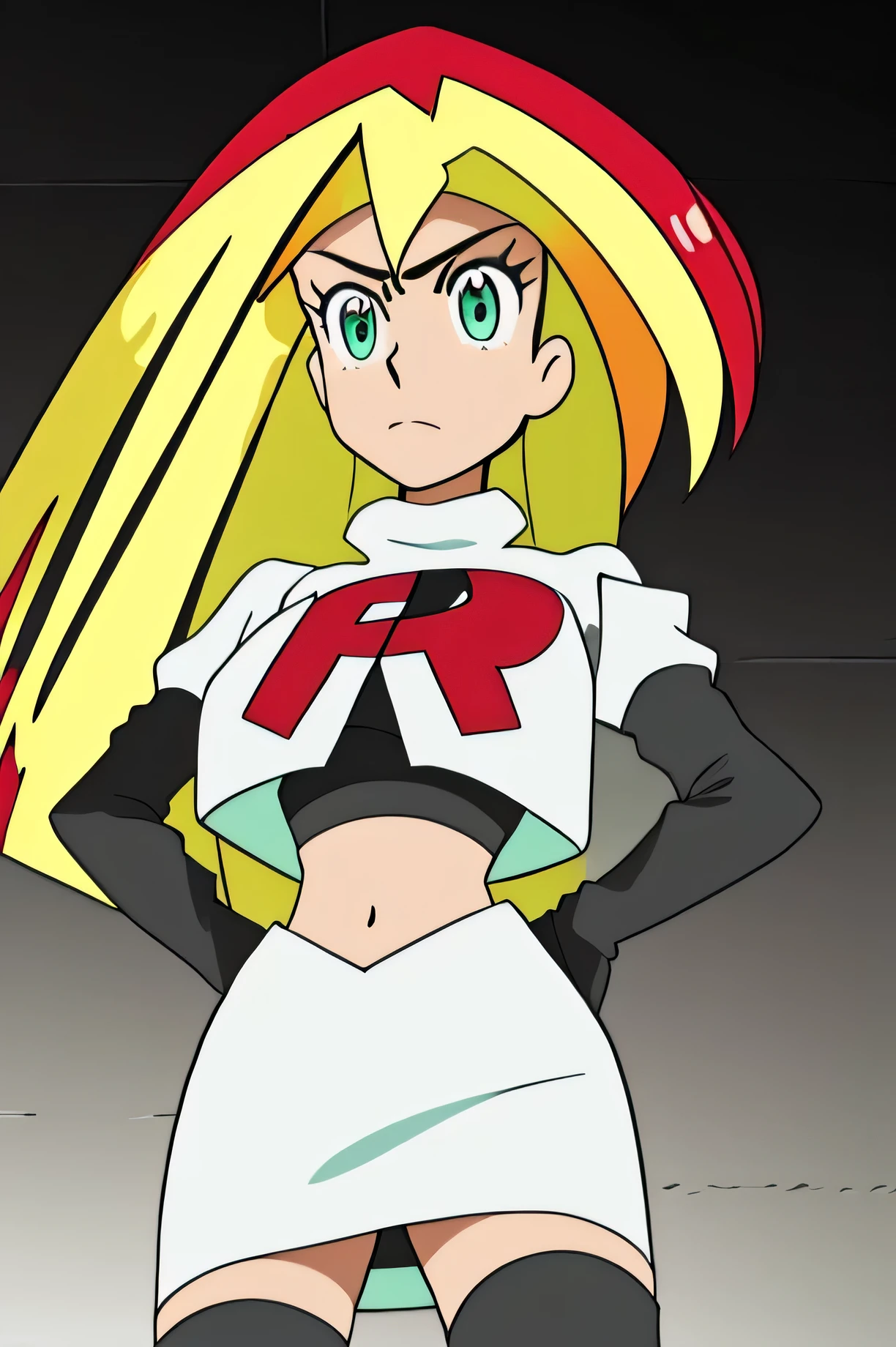 ((best quality)), ((highly detailed)), masterpiece, (detailed eyes, deep eyes), (1girl), cowboy shot, SunsetHuman, (multicolored hair, (two-tone hair:1.1), red and blonde hair), BREAK, aqua eyes, team rocket,team rocket uniform,white skirt,red letter R,crop top,black thigh-highs,black elbow gloves8k, ,1girl in, (solo:1.1), (perfect body:1.1), (best quality:1.1), very large breast, team rocket uniform, red letter r, white skirt,white crop top,black thigh-high boots, black elbow gloves, glaring angrily, looking down at viewer, hands on hips,zettai ryouiki,cowboy shot
