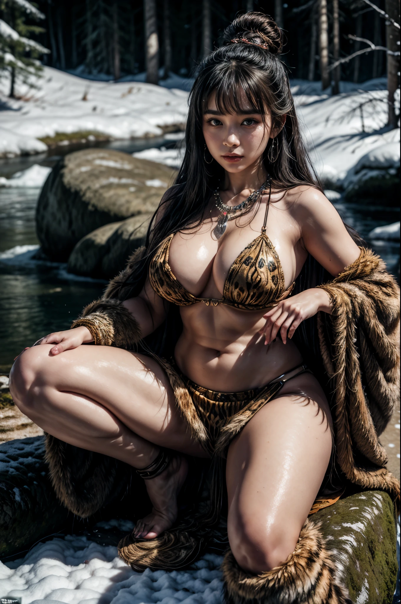 ((ultra-detailed, full body, maximum quality, 8k, intricate details, hyperrealistic, photorealistic)), a beautiful indigenous Japanese Ainu, cute, sweet, hot, horny, sexy, with flowing black hair, silky skin, wearing a bun on her head, with thick thighs, full lips, full breasts, beautiful eyes, wearing an indigenous bandana, wearing earrings, necklaces, wearing an animal skin cape, wearing a tribal animal skin miniskirt, wearing an animal skin top, indigenous tribal boots, he is posing under a rock in a forest, and in the background dense forest covered with snow, with trees with snow, and a stream of frozen water, snow on the trees, clouds scattered above, very beautiful, tribal snow princess, elegant queen of the forest, goddess of nature incarnate, very delicious ((varied poses)).