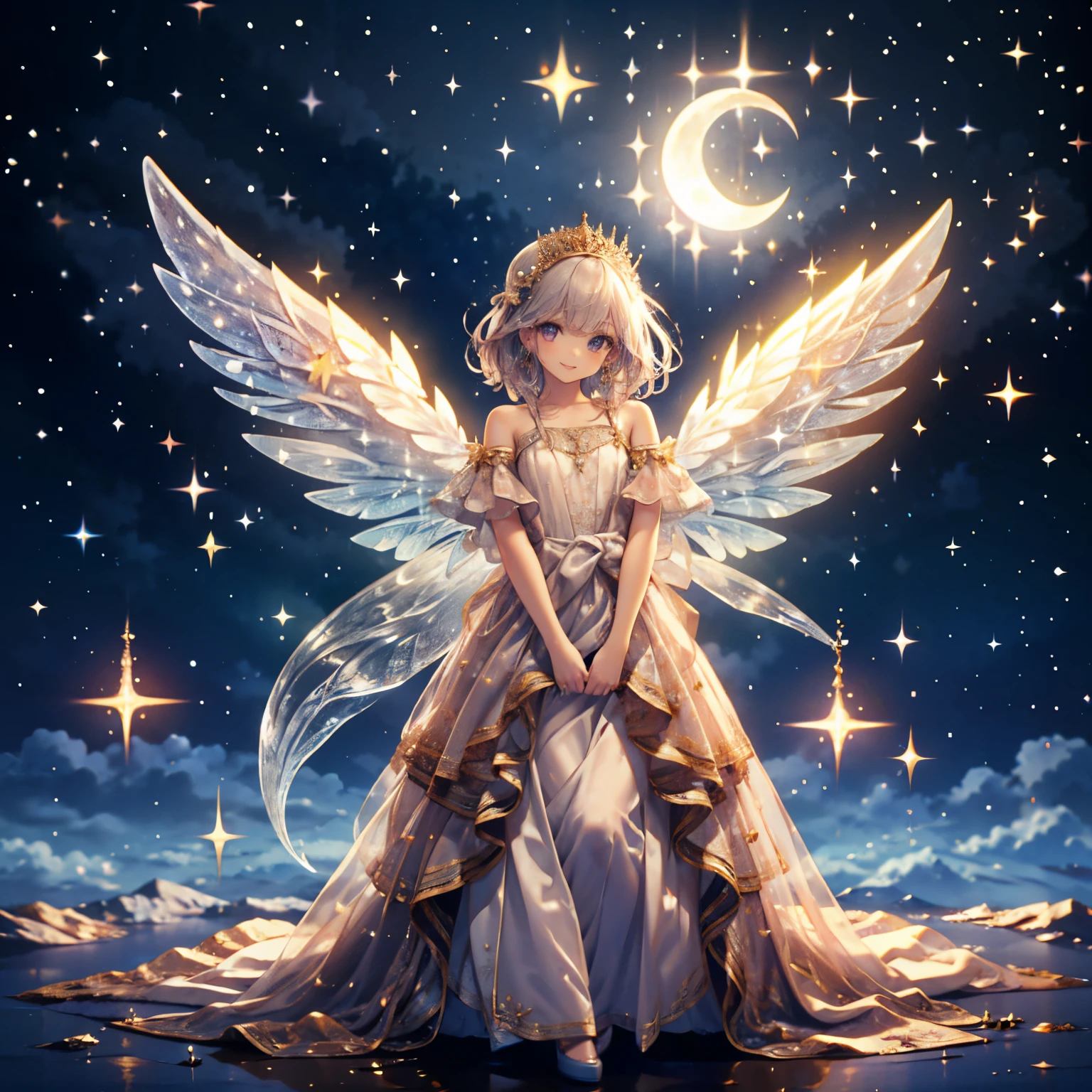 (highest quality, masterpiece, Super detailed, very detailed, exquisite, 16k,Full HD),A little closer,golden ratio,dramatic lighting,pastel colour,soft lighting, ((alone:1.5)),full moon,starry sky,meteor群,meteor,((head shot,Above shoulder photo)),(fairy princess, purple eyes, long eyelashes,white skin,slim,pale pink plump lips,pale pink cheeks, The wind is blowing,White fluffy hair,thin and long,(thin and high nose,small nose),(Huge fairy wings grow from just above her waist.),silver decoration,diamond tiara,diamond earrings,diamond earrings,Diamond Choker,(silver ball gown dress:1.1), gold lace and ruffles,(smile:1.2), (fantasy, romantic atmosphere), magic light,ice magic,