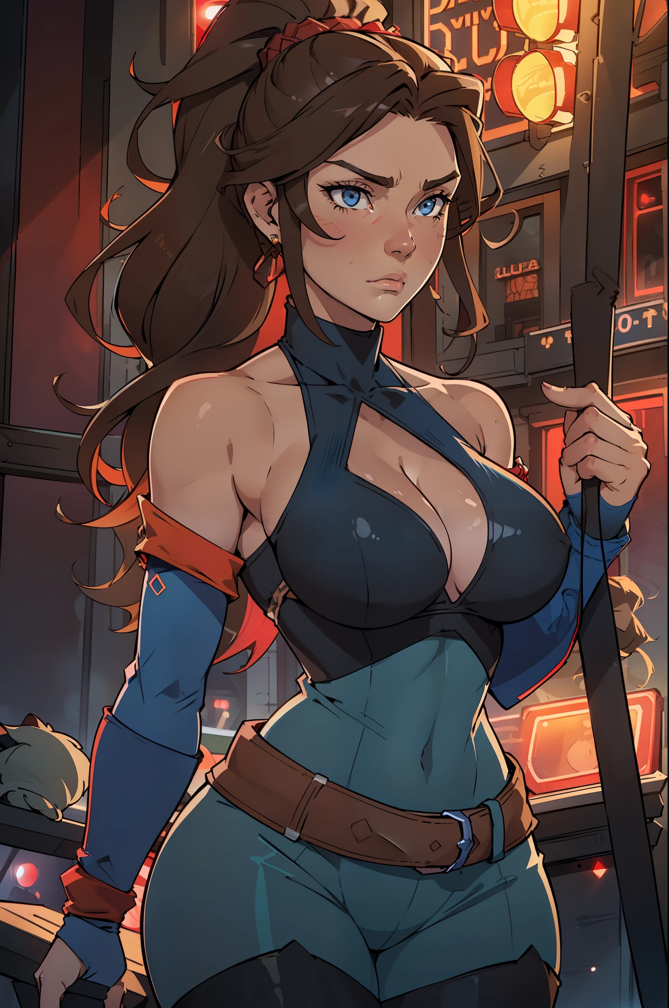 1girl, (solo:1.2), (masterpiece:1.2), (best quality:1.2), (perfect anatomy:1.4)
taiger, (simple shading:1.5), (cell shading:1.2), (large breasts:1.4), curvy, voluptuous
(cowboy shot:1.5), (interacting with her surroundings:1.35), (expressive face:1.5), emotional, korra, long hair, (brown hair:1.2), black hair, blue eyes, ponytail, dark skin, dark-skinned female, topknot, (hair tubes:1.4), fur-trimmed jacket around waist, (blue halterneck top:1.3), armlet, vambraces, (bare shoulders:1.3), (arm_warmers:1.3), sleeveless, (european red light district:1.5), night, modern, neon signs, brothels,