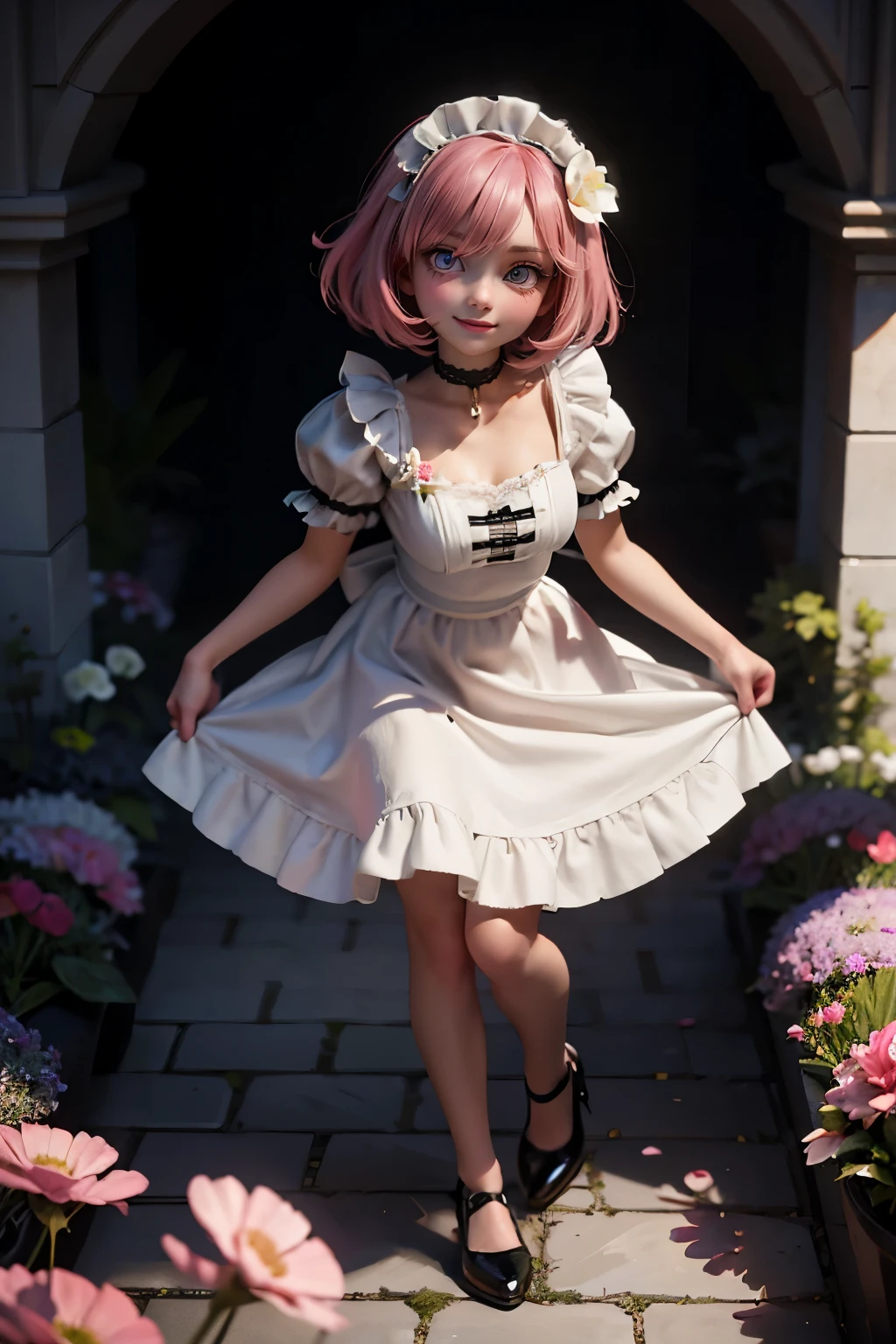 (1 beautiful girl), 20 year old, (glossy pink hair), (disheveled bobcut hair;1.12), (1 light pink flower hair ornament:1.18), (vivid purple eyes:1.1), (empty eyes:1.1), light smile, (wearing a black and white maid clothes:1.15), (choker with white ruffles), (very long skirt), standing, (black shoes), (full body), (dynamic aerial shot), face focus, (daytime garden of the mansion)