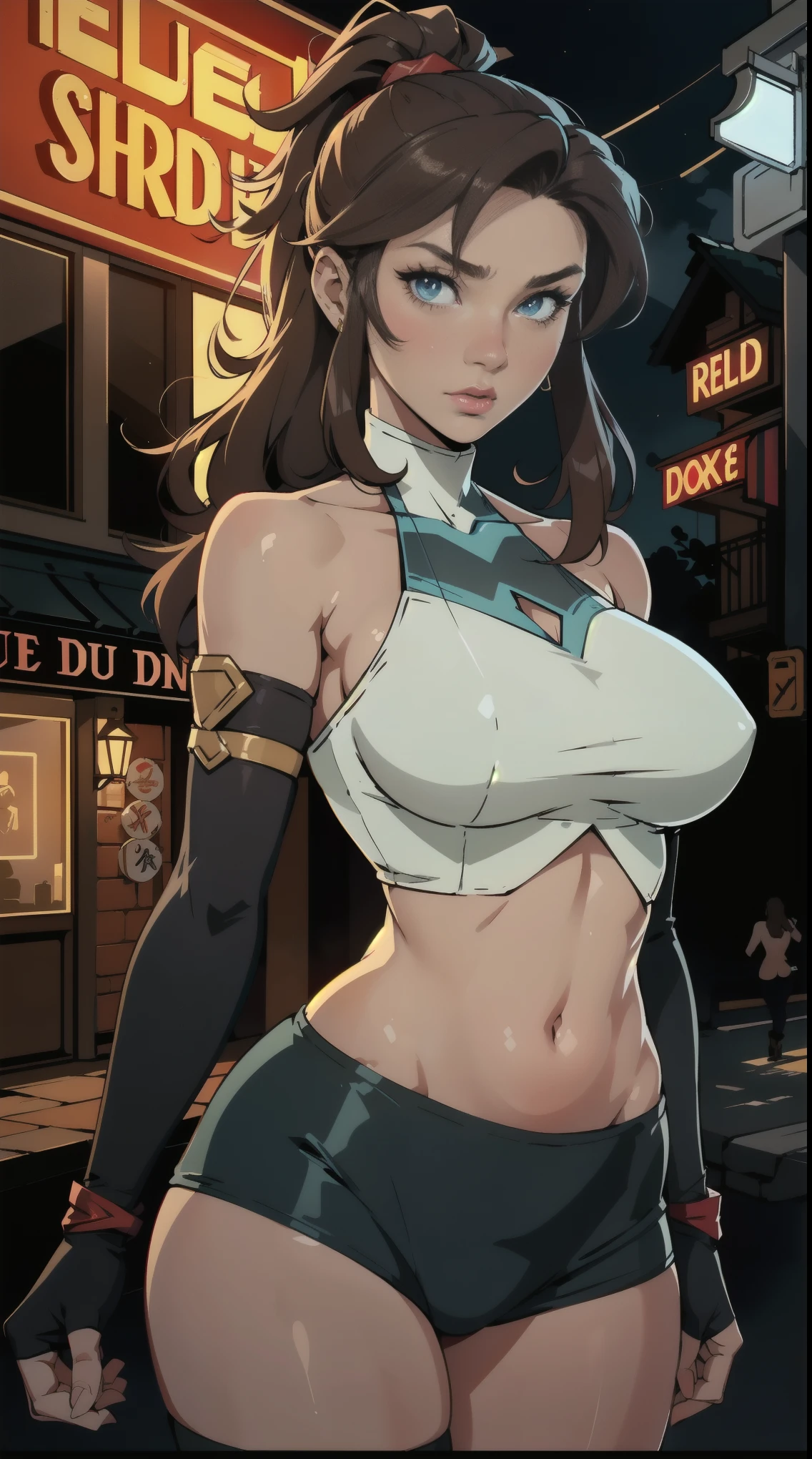 1girl, (solo:1.2), (masterpiece:1.2), (best quality:1.2), (perfect anatomy:1.4)
taiger, (simple shading:1.5), (cell shading:1.2), (large breasts:1.4), curvy, voluptuous
(cowboy shot:1.5), (interacting with her surroundings:1.35), (expressive face:1.5), emotional, korra, long hair, (brown hair:1.2), black hair, blue eyes, ponytail, dark skin, dark-skinned female, topknot, (hair tubes:1.4), fur-trimmed jacket around waist, (blue halterneck top:1.3), armlet, vambraces, (bare shoulders:1.3), (arm_warmers:1.3), sleeveless, (european red light district:1.5), night, modern, neon signs, brothels,