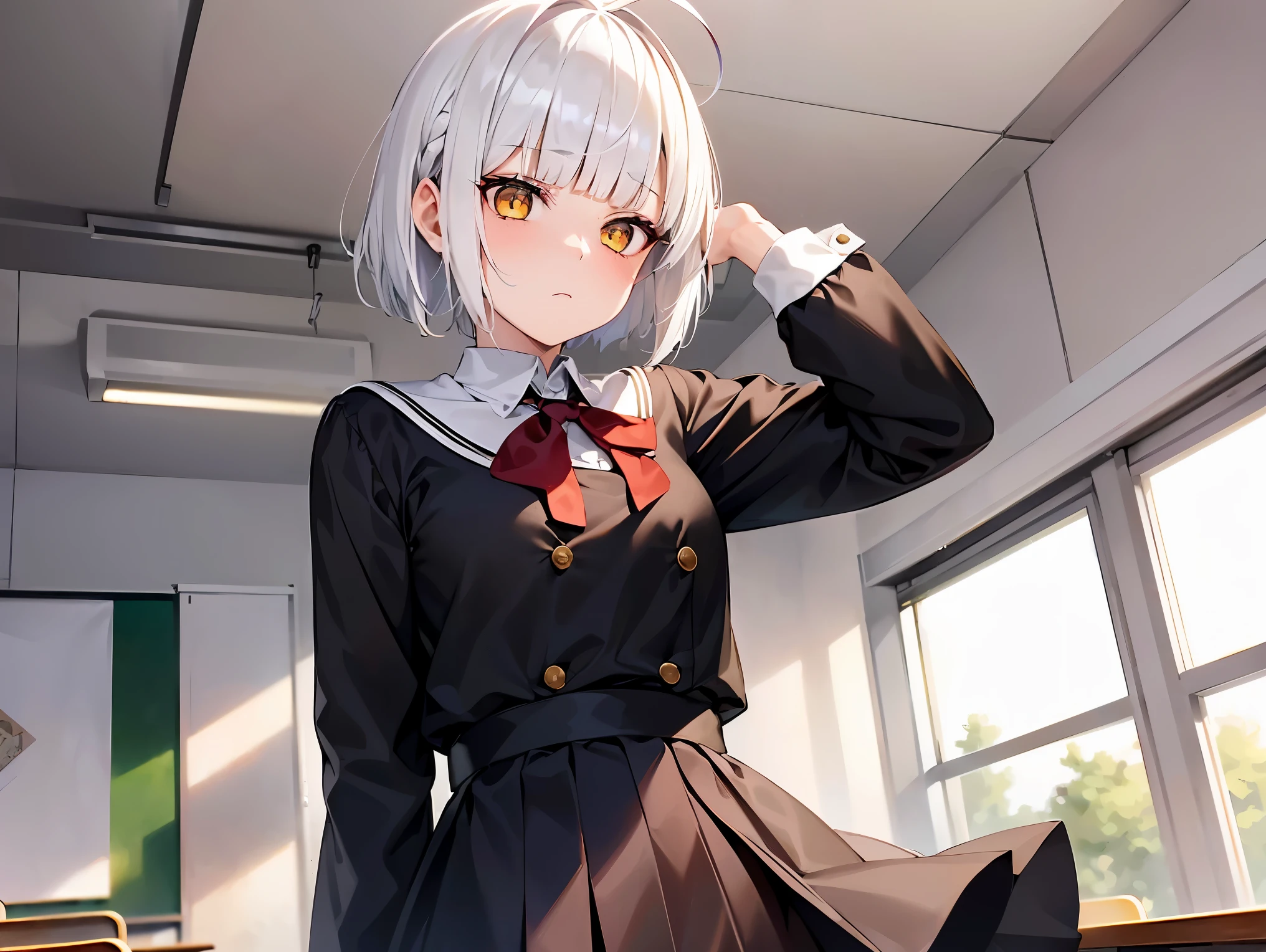 Cimematic vision, nigth, ((1girl)), (ta), ((((short white hair)))), (((blunt bangs))), yellow eyes, ((cabelo emaranhado)), ((((no expression)))), Sonolenta, ((ahoge)), ((black school uniform)), Red tie, desleixada, ((melhor qualidade)), ((obra de arte)), (detalhado), rosto perfeito, ((style novel)) sitting, ((in classroom))