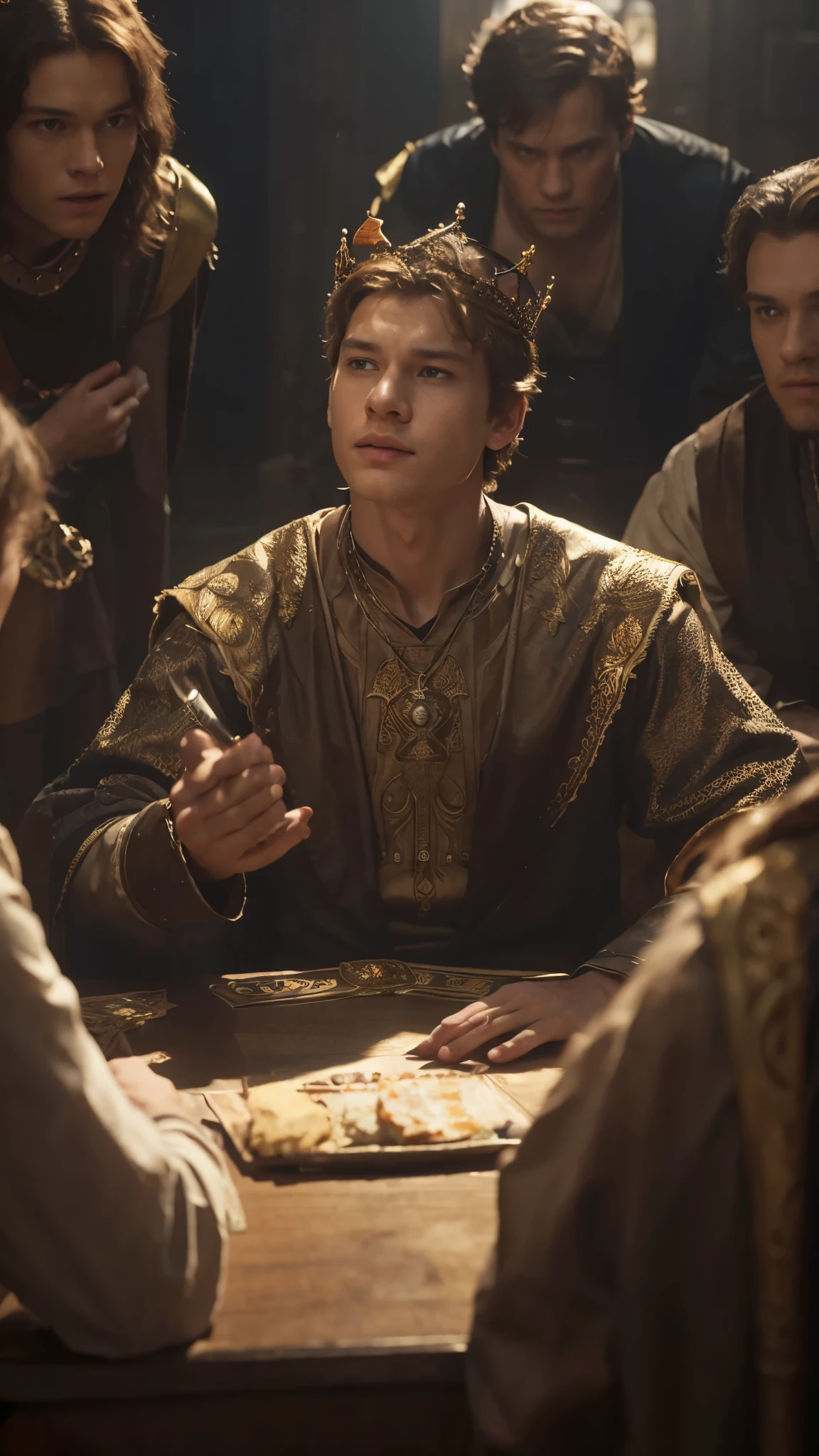 a man in a crown sitting at a table, anakin skywalker, sebastian kruger, ansel ], movie artwork, [ tarot card ]!!!!!, young man, camelot, movie screencap, portrait of garfield, thin young male, photoshoped, by Ryan Yee, golden