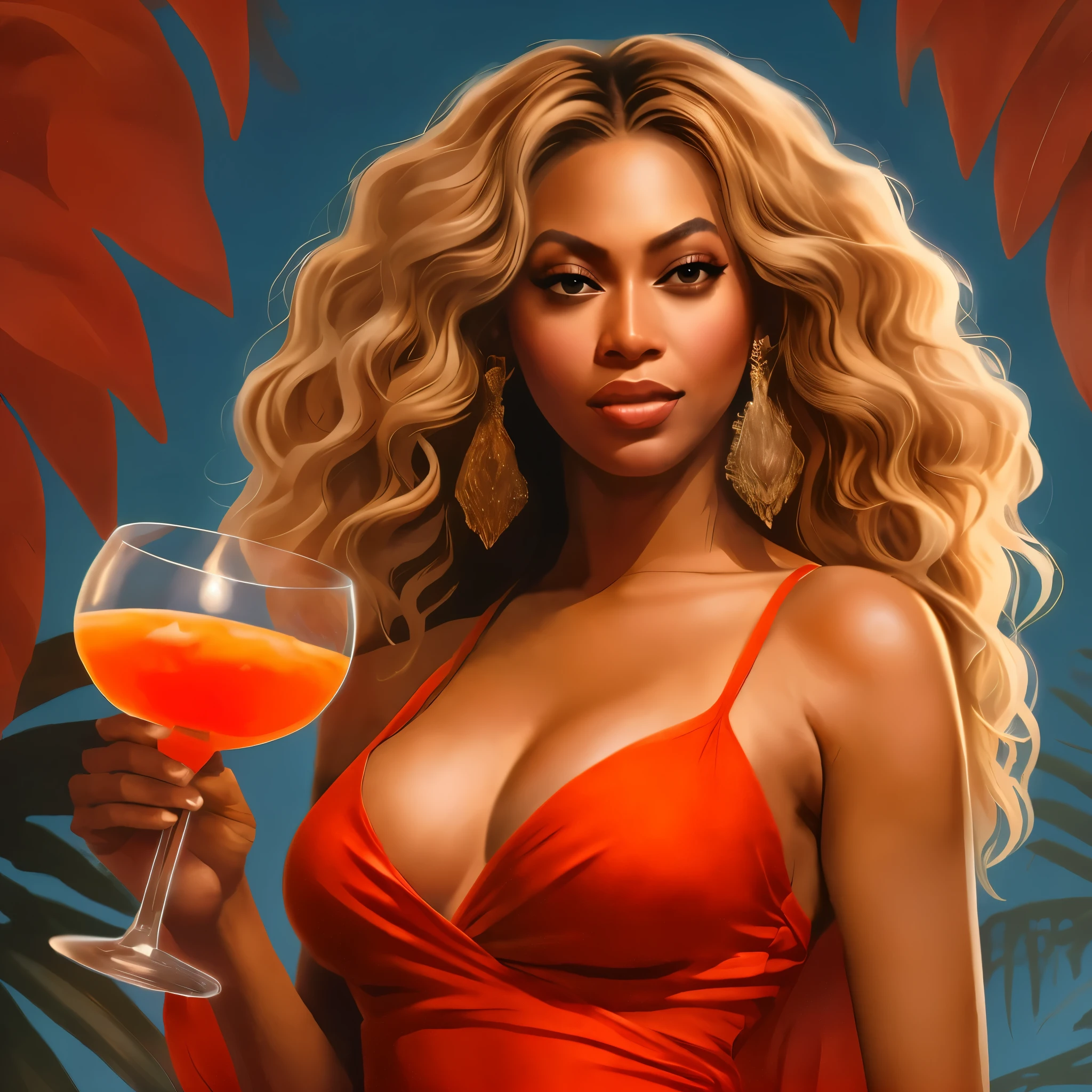 (best quality, ultra-detailed, hyper realistic) a full-body view with beautiful legs ultra-detailed illustration of a captivating artwork featuring smiling Beyoncé holding a tropical cocktail and wearing a red turtleneck sweater smiling, elegantly holding a tropical cocktail, evoking the essence of a femme fatale with a punk rock twist. Infuse the scene with elements reminiscent of "Apocalypse Now", inspired by the iconic 1960s painting style of Robert McGinnis. Embrace the pulpy aesthetic with beautiful detailed eyes and lips, rendered in vivid colors against a meticulously crafted mysterious background with intricate design details, wearing high heels, 12k UHD resolution, illuminated by cinematic lighting that creates dramatic shadows and a focused atmosphere. Pay close attention to character design, achieving sharp focus and dynamic lighting effects to enhance the cinematic feel of the composition. Utilize high definition rendering techniques, including volumetric lightin