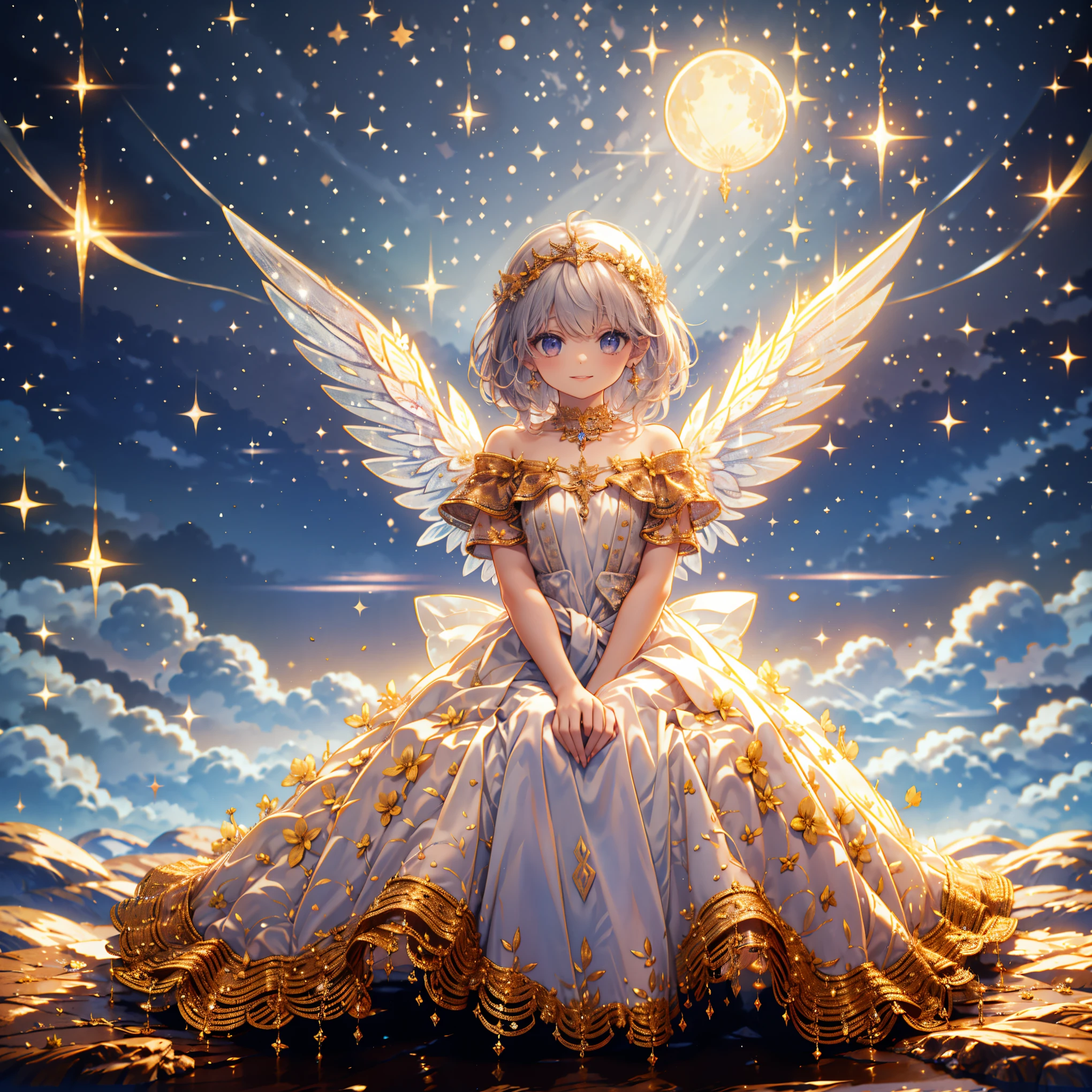 (highest quality, masterpiece, Super detailed, very detailed, exquisite, 16k,Full HD),A little closer,golden ratio,dramatic lighting,pastel colour,soft lighting, ((alone:1.5)),full moon,starry sky,meteor群,meteor,((head shot,Above shoulder photo)),(fairy princess, purple eyes, long eyelashes,white skin,slim,pale pink plump lips,pale pink cheeks, The wind is blowing,White fluffy hair,thin and long,(thin and high nose,small nose),(Huge fairy wings grow from just above her waist.),silver decoration,diamond tiara,diamond earrings,diamond earrings,Diamond Choker,(silver ball gown dress:1.1), gold lace and ruffles,(smile:1.2), (fantasy, romantic atmosphere), magic light,ice magic,