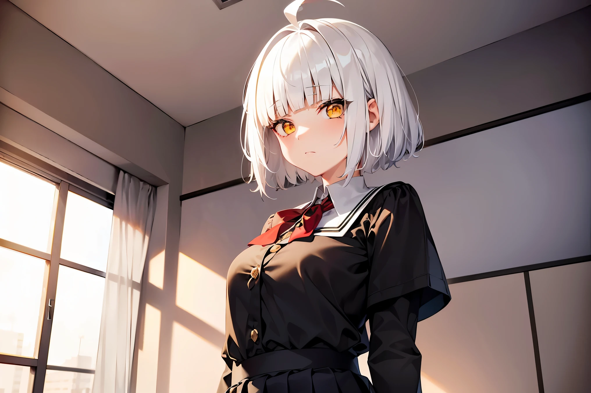 Cimematic vision, nigth, ((1girl)), (ta), ((((short white hair)))), (((blunt bangs))), yellow eyes, ((cabelo emaranhado)), ((((no expression)))), Sonolenta, ((ahoge)), ((black school uniform)), Red tie, desleixada, ((melhor qualidade)), ((obra de arte)), (detalhado), rosto perfeito, ((style novel)) sitting, ((in classroom))