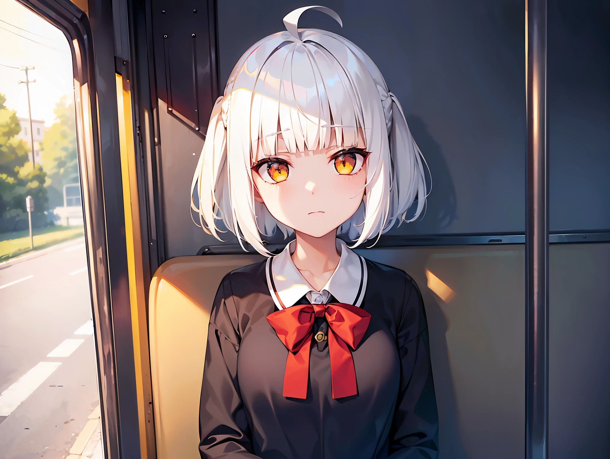 Cimematic vision, nigth, ((1girl)), (ta), ((((short white hair)))), (((blunt bangs))), yellow eyes, ((cabelo emaranhado)), ((((no expression)))), Sonolenta, ((ahoge)), ((black school uniform)), Red tie, desleixada, ((melhor qualidade)), ((obra de arte)), (detalhado), rosto perfeito, ((style novel)) sitting, ((in bus))