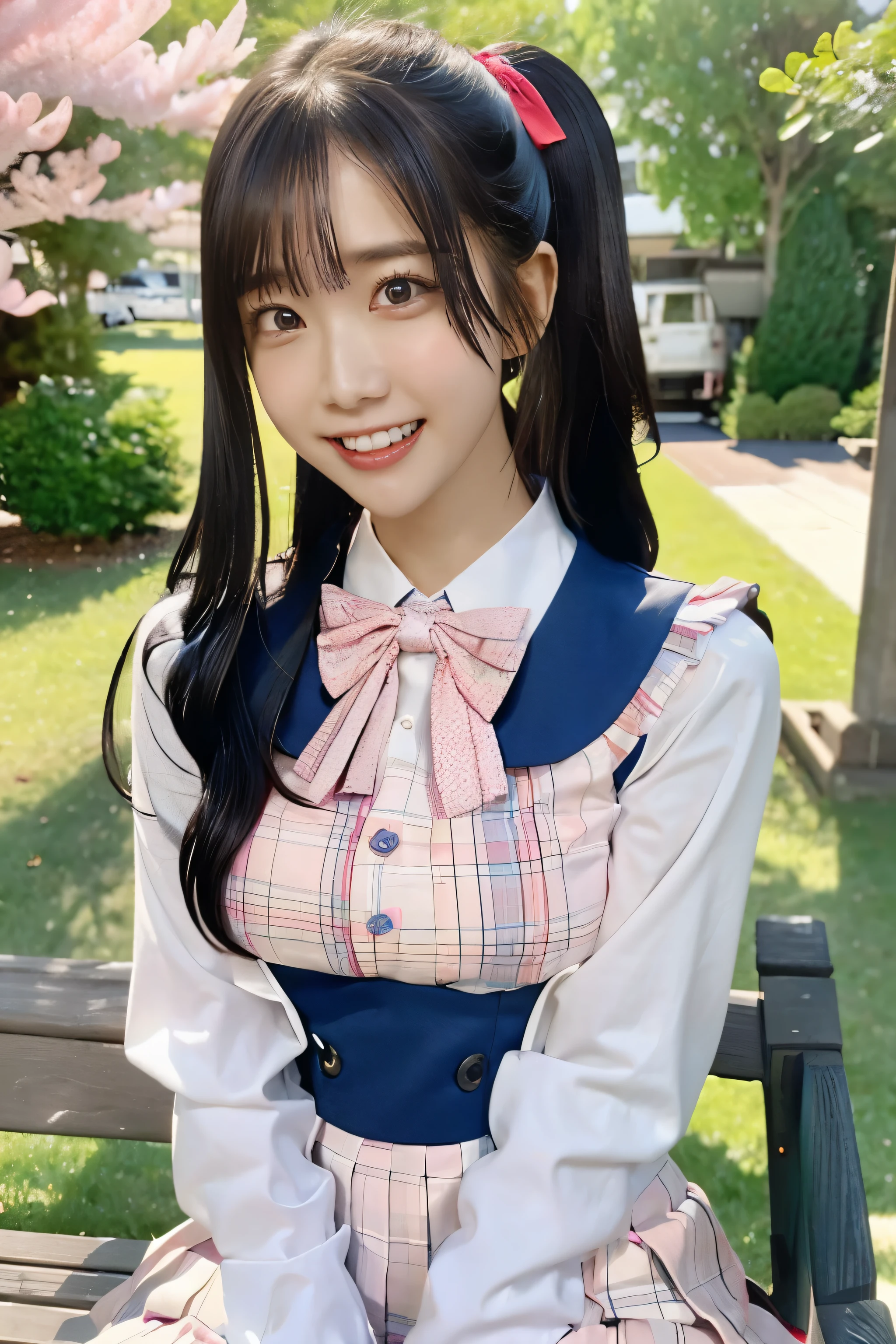 (8k, RAW photo, highest quality, from below:1.2, masterpiece:1.2, genuineistic, ultra high resolution, high contrast, photon mapping, genuine, Super detailed, official art, RAW photo, professional lighting, light, lively atmosphere, twicelight,High-definition CG, unity 8k, ((highest quality, 8k, masterpiece: 1.3)), Snazzy, brilliant, shining sunlight), where: (sit on a park bench), when:Who is during the day?:(high school girl, lightブラウンのポニーテール, Pink Ribbon Hair Fastening, Snazzy学生服, japanese uniform, red bow tie, Snazzy白いレース模様のついたブラウス, plaid skirt, what:pose in a fun and attractive way,