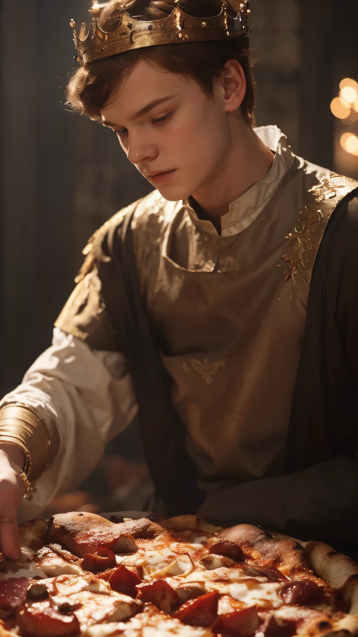 a man with a crown on top of a pizza, elle fanning), medieval warrior, caspar david, perfect face ), handsome young man, kid, narnia, by Nicomachus of Thebes, epic cinematic still, pale beautiful skin, tumblr, an epic fantasy, priest, short copper hair, highlighted, portrait a 1 5 - - old