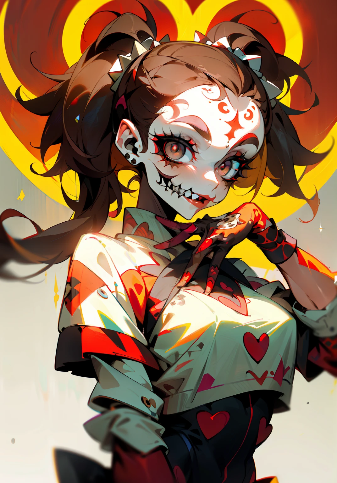1GIRL, insane clown girl, skull face, halloween theme style, laughing hesterically, sharp big smiling teeth, bomb, finely detailed, (best quality), (intricate details), cute style, , jester style, multicolored, circus background with red curtains, place on fire hell, ((long brown hair in pigtails)), best quality, ((long sleeve shirt and shorts)), ((red and white clothes)), ((jester style clothes)), ((thigh high socks)), ((round eyes)), ((has jester makeup)), beautiful face, happy, cute face, pinup, perfect face, simple background portrait(masterpiece: 1.2, best quality), (real picture, intricate details), (1lady, solo, upper body, big tits) Clothing: sharp, stylish, cool, fashionable, non-standard, avant-garde, experimental Appearance: shaved head or bold hair color, spectacular makeup, unconventional fashion choices, rock star Behavior: rebellious, non-conformist, provocative Venue: Urban Art District, Underground Music Scene Hobbies: attending punk shows, creating art in mixed media, experimenting with different subcultures Values: individuality, authenticity, creative expression Sources of inspiration: punk rock, counterculture icons, avant-garde art movements Character traits: bold, daring, non-standard.