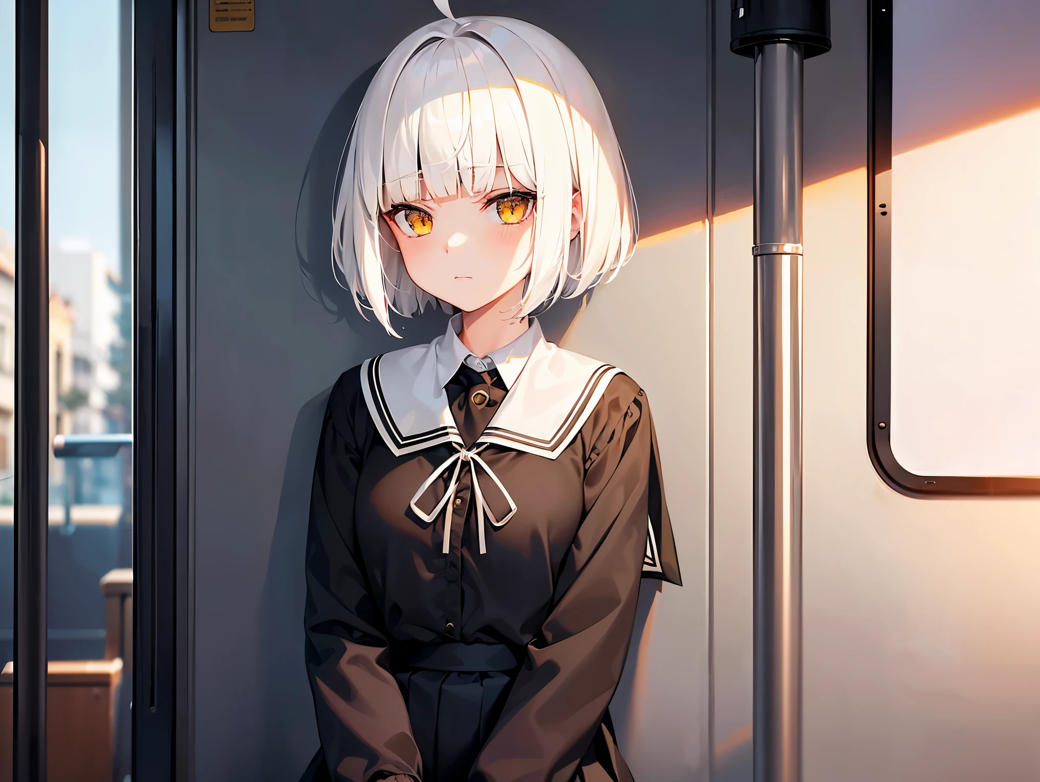 Cimematic vision, nigth, ((1girl)), (lolita), ((((short white hair)))), (((blunt bangs))), yellow eyes, ((cabelo emaranhado)), ((((no expression)))), Sonolenta, ((ahoge)), ((black school uniform)), Red tie, desleixada, ((melhor qualidade)), ((obra de arte)), (detalhado), rosto perfeito, ((style novel)) sitting, ((in bus))