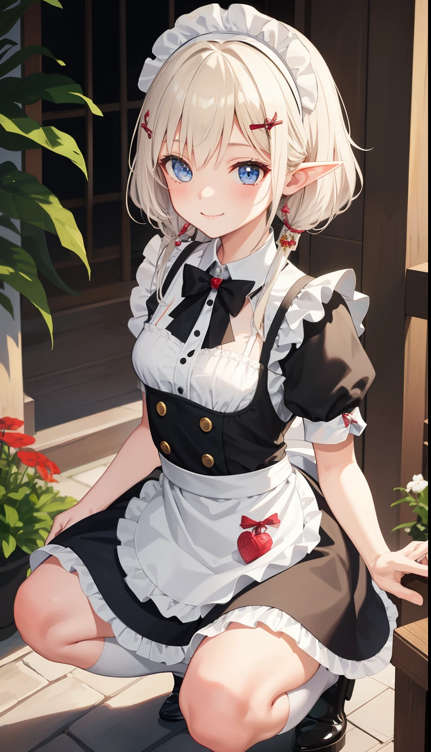1 girl、as adult、smile、shirt、skirt、apron、hair ornaments、cream hair、elf、maid、maidコスチューム、（small breasts）、Wind、squat、