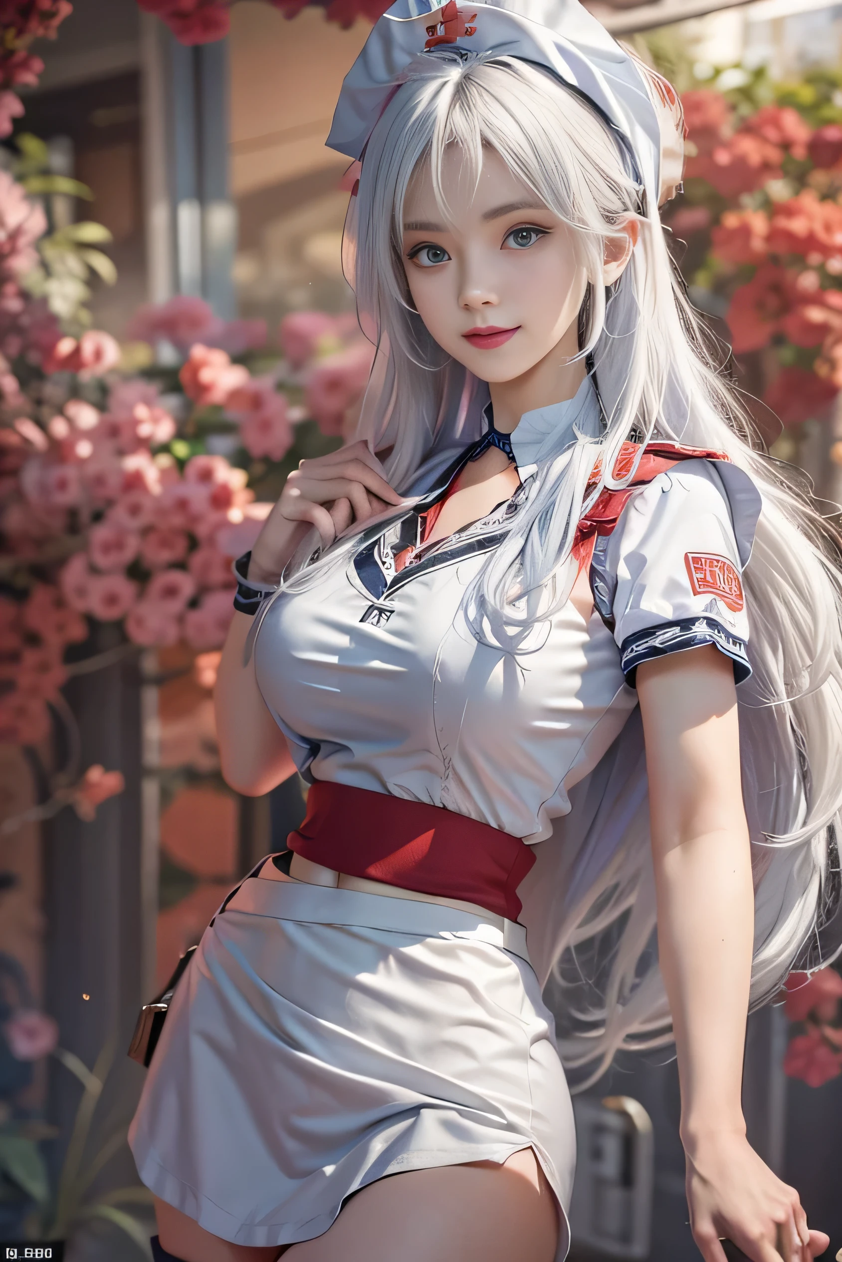 (photorealistic:1.8, highest quality:1.8,8K masterpiece:1.8,High resolution,muste piece:1.8,RAW Photos,cinematic lighting,red and purple dream colors),23 year old nurse in nurse uniform、(2 colors nurse uniform、mini skirt、nurse cap、choker、knee high stockings、loafer shoes、Cleavage cut),(beautiful detailed blue eyes:1.7,double eyelid:1.6,beautiful skin), (looking at the camera:1.5),(Rear view:1.4),( midium Hair:1.2,beautiful shining white hair:1.5), expression(Impish Smile:1.3,face turns red:1.3),(Moderate chest:1.3), Pause(Seductive pose:1.5), background(A bright forest full of flowers),(detailed perfect face),anatomically correct,correct move:1.5,correct foot:1.5,4 fingers and 1 thumb in correct proportions,(cameltoe),No split screen,slender abs:1.2,highly detailed skin:1.2,(Young sensual gravure idol)