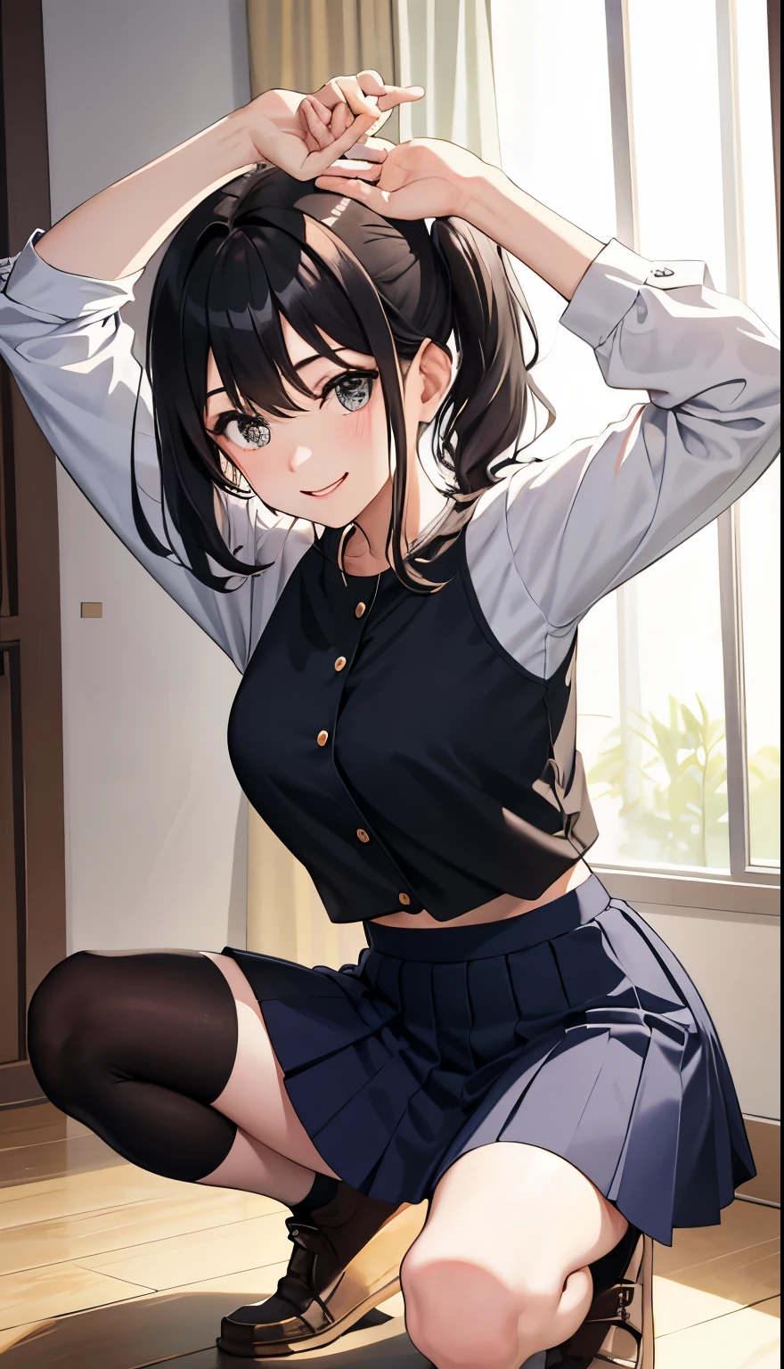 1 girl、as adult、smile、shirt、skirt、Portrait from the crotch up、squat、