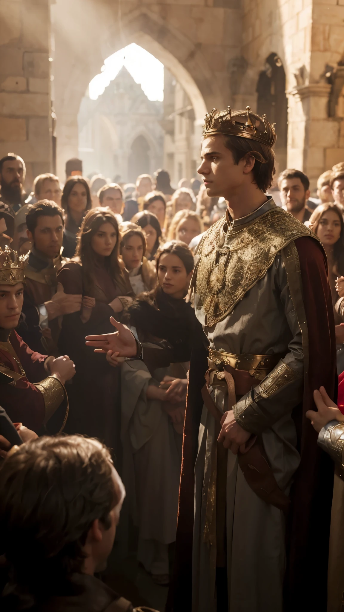 a man in a crown standing in front of a crowd of people, animated movie scene, king richard the lionheart, thin young male, cryptocurrency in the background, hayden christensen, young prince, xqcow, ironborn, beautiful young prince, red cloth around his shoulders, elaborated depth of field, discord moderator, amazing cgi, holding court, stunning photo real concept art