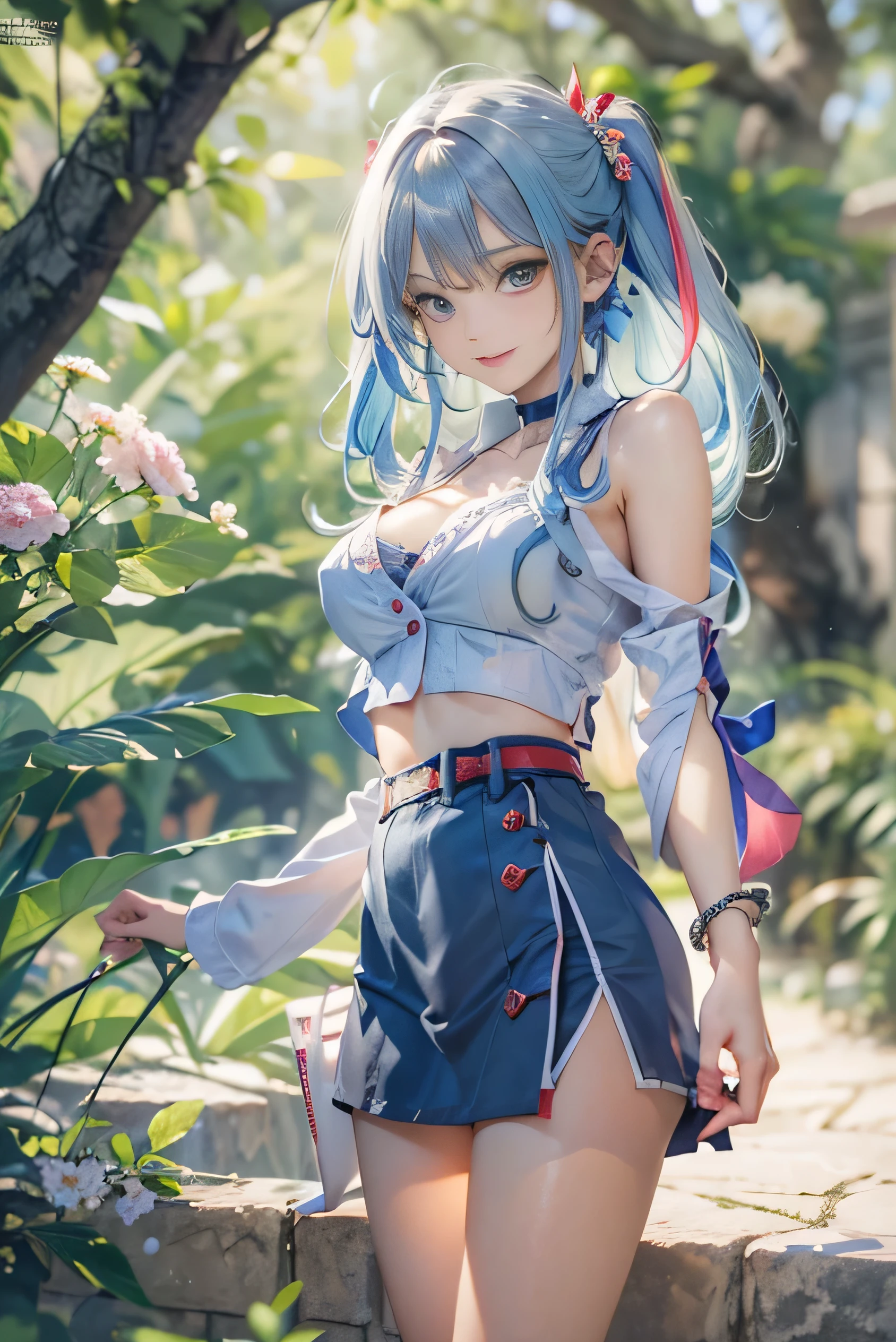 (masterpiece:1.2, top-quality), (realistic, photorealistic:1.4), beautiful illustration, (natural side lighting, movie lighting),
looking at viewer, cowboy shot, front view:0.6, 1 girl, japanese, high school girl, perfect face, cute and symmetrical face, shiny skin,
(middle hair:1.5, light blue hair), horns, hair between eyes, purple eyes, long eye lasher, (large breasts:0.9, thick thighs),
beautiful hair, beautiful face, beautiful detailed eyes, beautiful clavicle, beautiful body, beautiful chest, beautiful thigh, beautiful legs, beautiful fingers,
((black pleated mini skirt, black stockings, unbuttoned white shirt)), black hair ribbon, pink panties,
(beautiful scenery), evening, riverside, walking, hands on chest, (excited face, very happy), Ganyu from Genshin impact