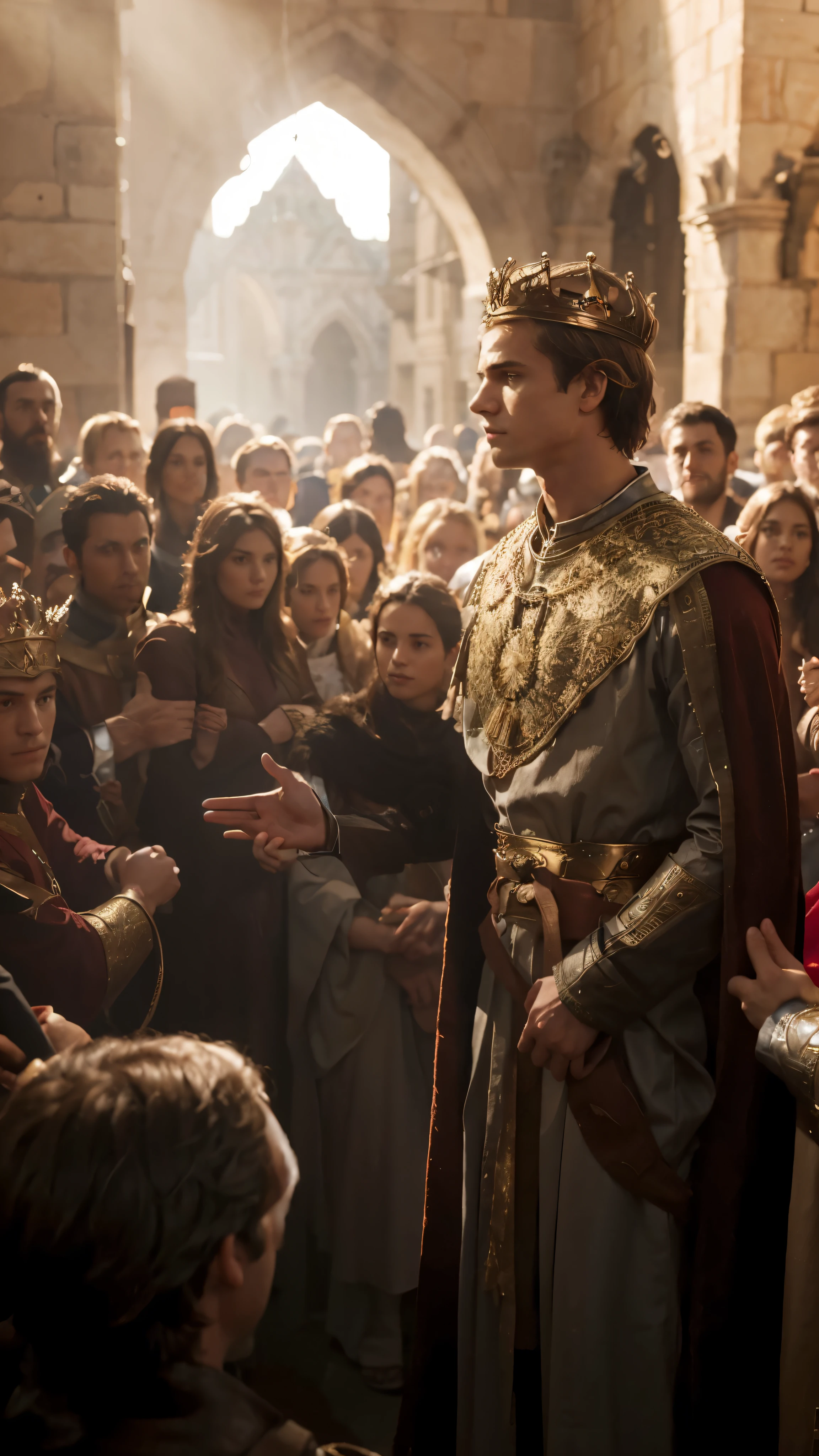 A man in a crown standing before a crowd of people, cena de filme animado, king richard the lionheart, homem jovem e magro, criptomoeda em segundo plano, Hayden Christensen, young prince, xqvaca, nascidos do ferro, beautiful young prince, pano vermelho em volta dos ombros, profundidade de campo elaborada, discord moderator, amazing cgi, Judgment, foto impressionante arte conceitual real