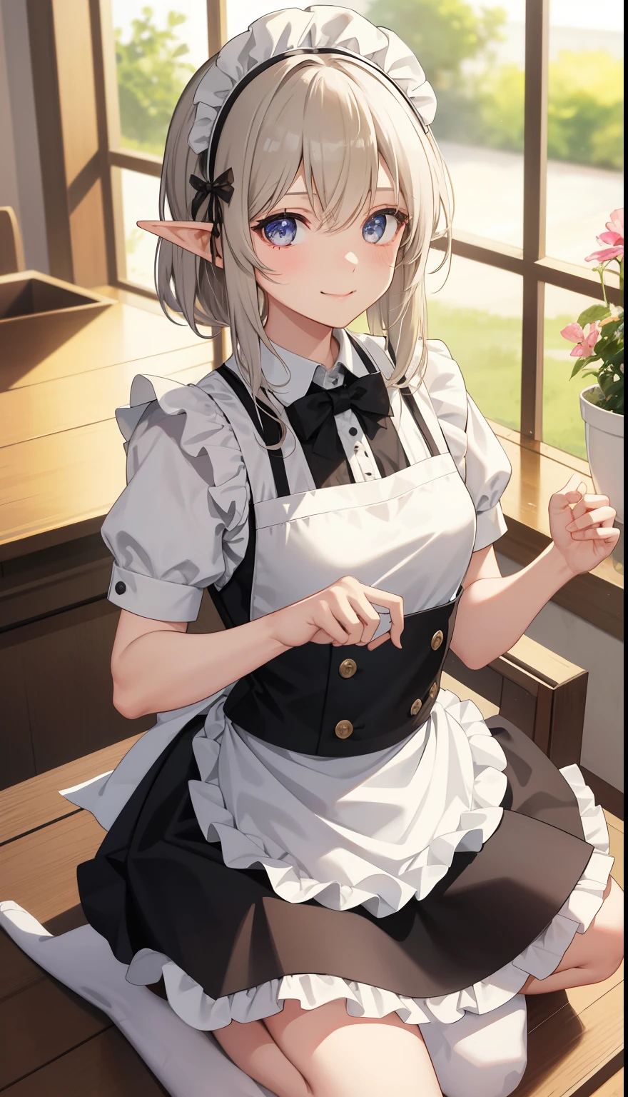 highest quality、masterpiece、((1 girl))、((smile))、(blush:1.4)、black shirt、blouse、((fun!!))、(small breasts)、(Cat ear:1.3)、(silver hair)、()、((white apron:1.5))、((maid))、((hair ornaments)),、Kamimei、look at me、 ((in house:1.5))、 Take a break to watch the audience、cowboy shot、(skirt lift:1.3),(highly detailed white panties:1.3)、(highly detailed panties:1.3)、、(スカート that rolls up:1.3)、(fully exposed panties:1.5)、light blue eyes、long hair