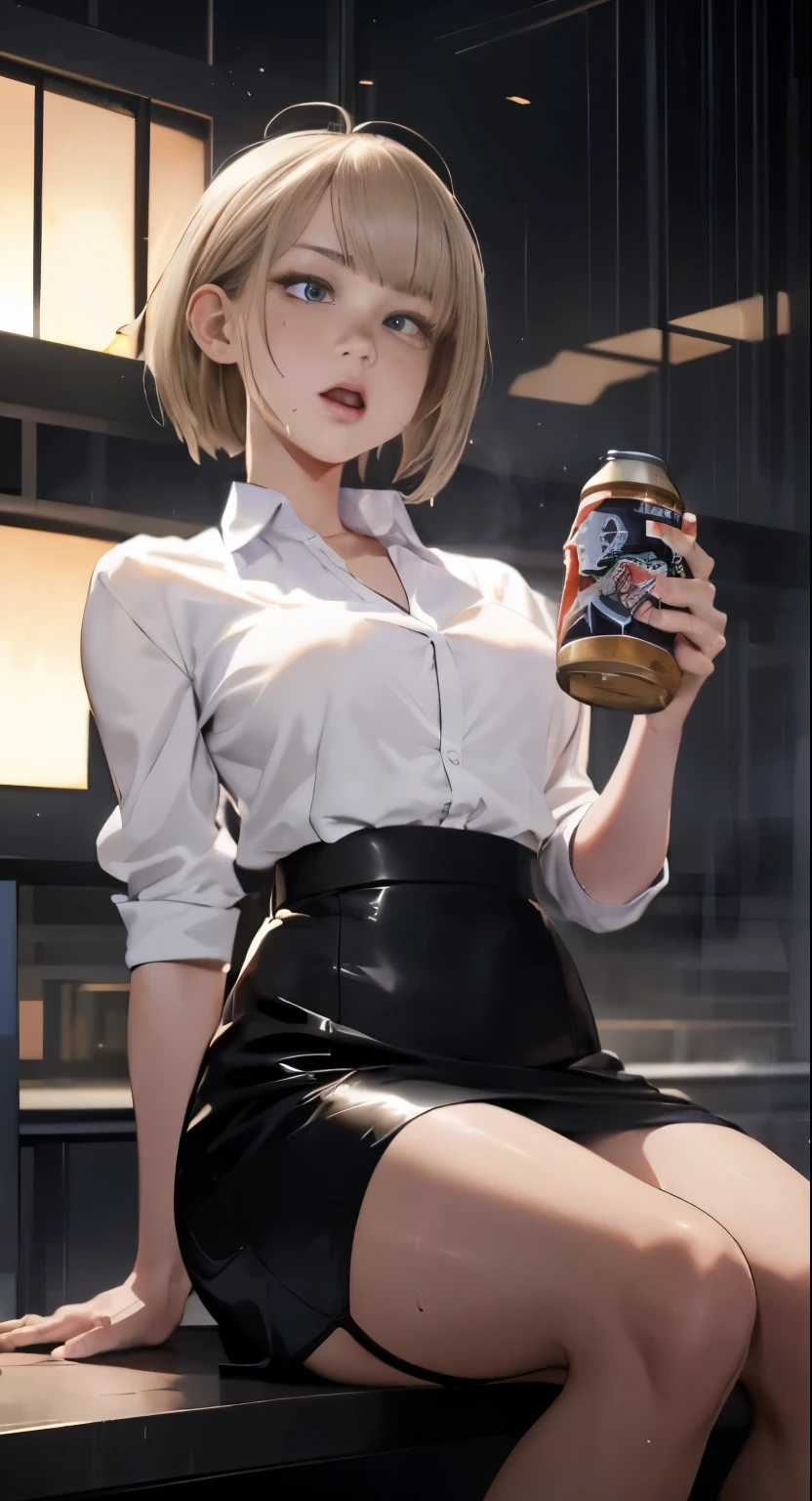 (Cinematic digital artwork: 1.3), high quality, table top, 最high qualityの, Super detailed, figure, [4k Digital Art]、 indosugu nr, (sharp focus: 1.5), (moody lighting:1.2), Depth of the bounds written, Bokeh, 4k 、High resolution, Super detailedな, Highly detailed CG Unity 8k wallpaper, realistic, Photoreal, RAW photo, beautiful and detailed face, white skin, realistic glowing skin, fine cloth texture, detailed hair texture, perfect body, beautiful face, acura, anatomically correct, highly detailed face, eye and skin texture, natural neck length, (beautiful eyes), (beautiful hands), (Glossy skin:1.2), thin legs, thin legs, knowledgeable person、detailed face、detailed background、 



(live action、intricate details)、blonde、short hair、Office lady、



Dramatic compensate、compensate、pinky pink lipstick、eye make up、mascara、eyeliner、eye shadow、light purple eyes、
white shirt、high waisted leather mini skirt、

(((Ahegao, , Sweat,)))、one woman, (drunk:1.4), OL 、 pantyhose, heels, apartment stairs at night, Spit out vomit, (drunk 、and stumble:1.2), pin heel、While drinking a can of beer、perfect human body、have a can of beer、beautiful woman、