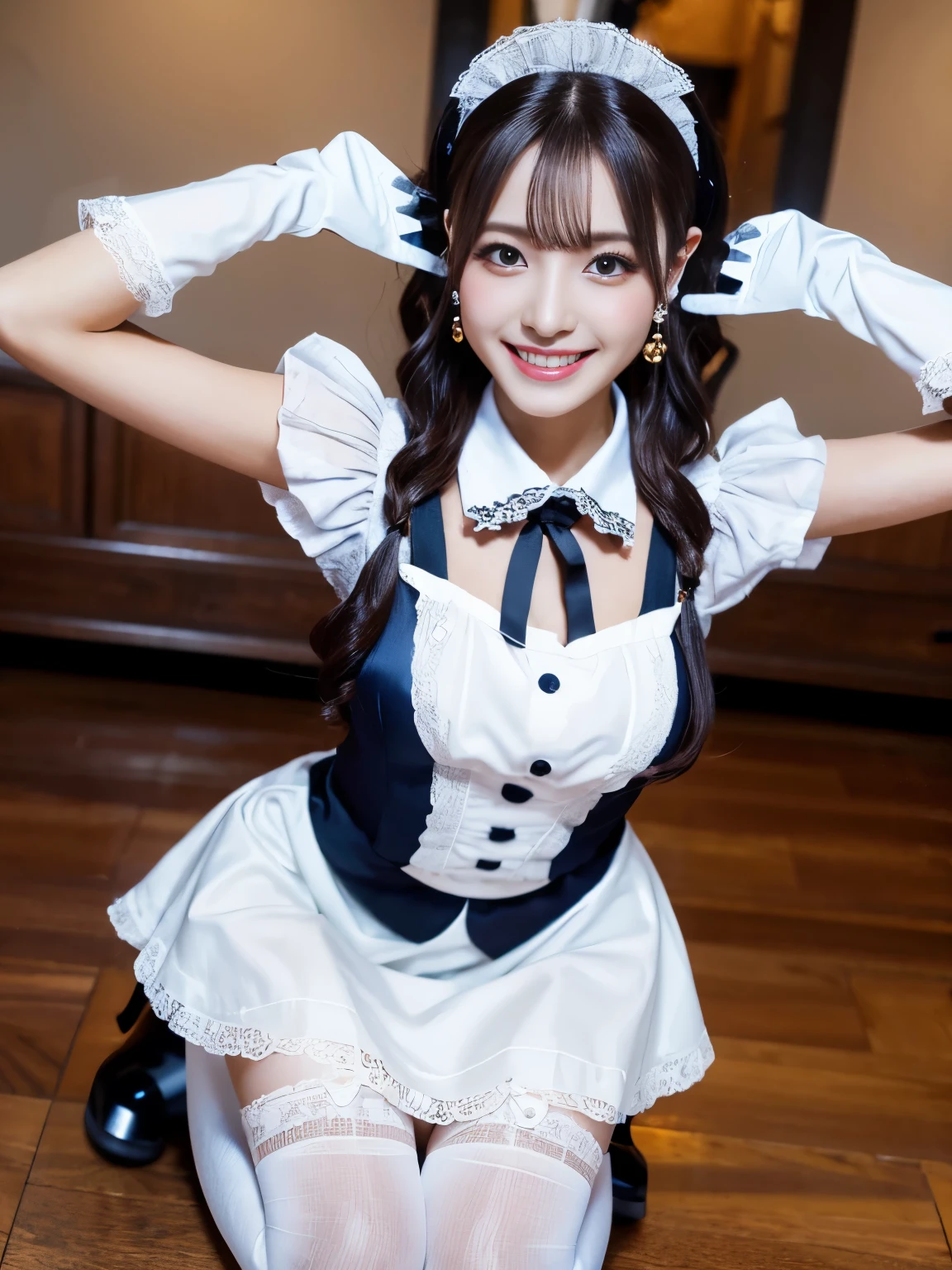 painted smoky makeup, eye shadow, maid girl, silky hair, People wearing hair accessories or earrings, cute smile. she was wearing a maid skirt, white stockings on her legs, and lace gloves. She squatted down and spread her legs. Scenes are random.