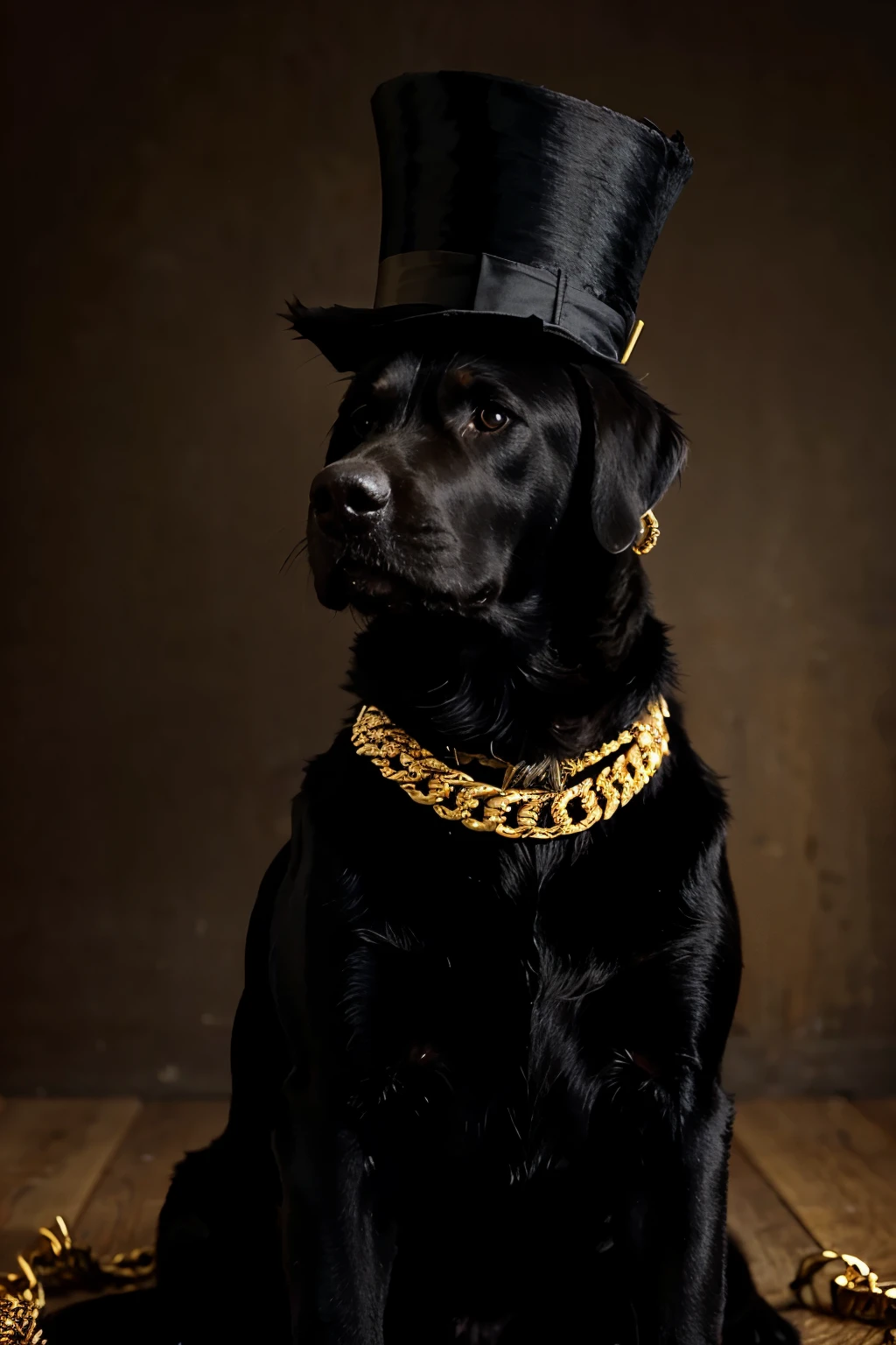 black lab sitting wearing a gold chain around its neck wearing a top hat on its head