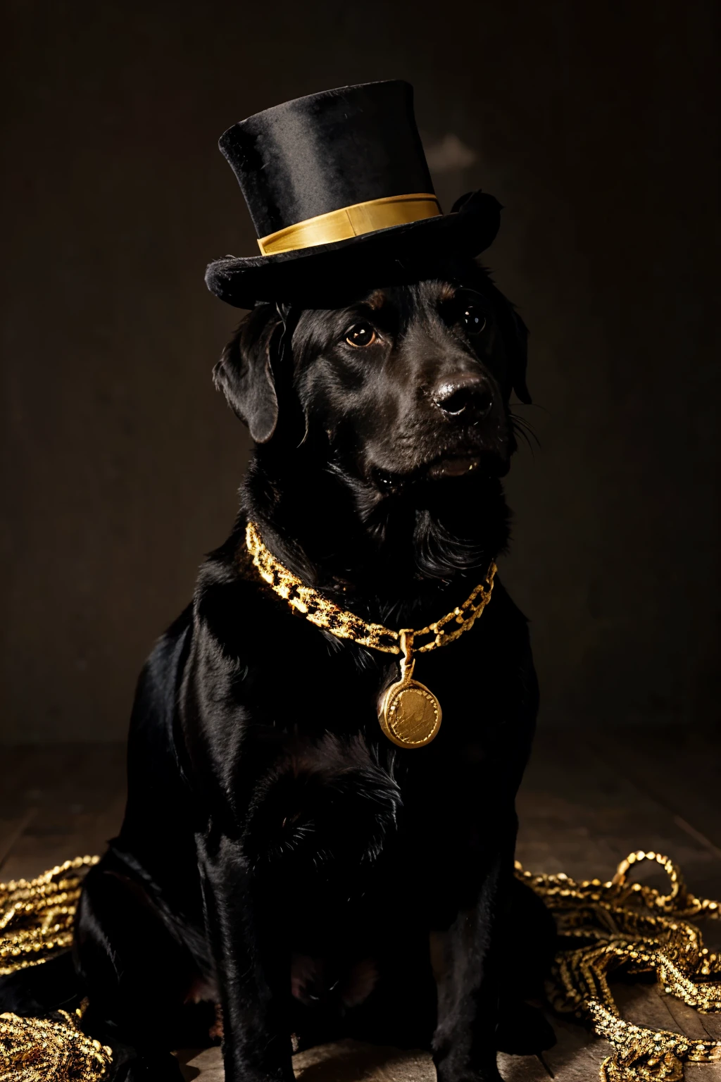 black lab sitting wearing a gold chain around its neck wearing a top hat on its head